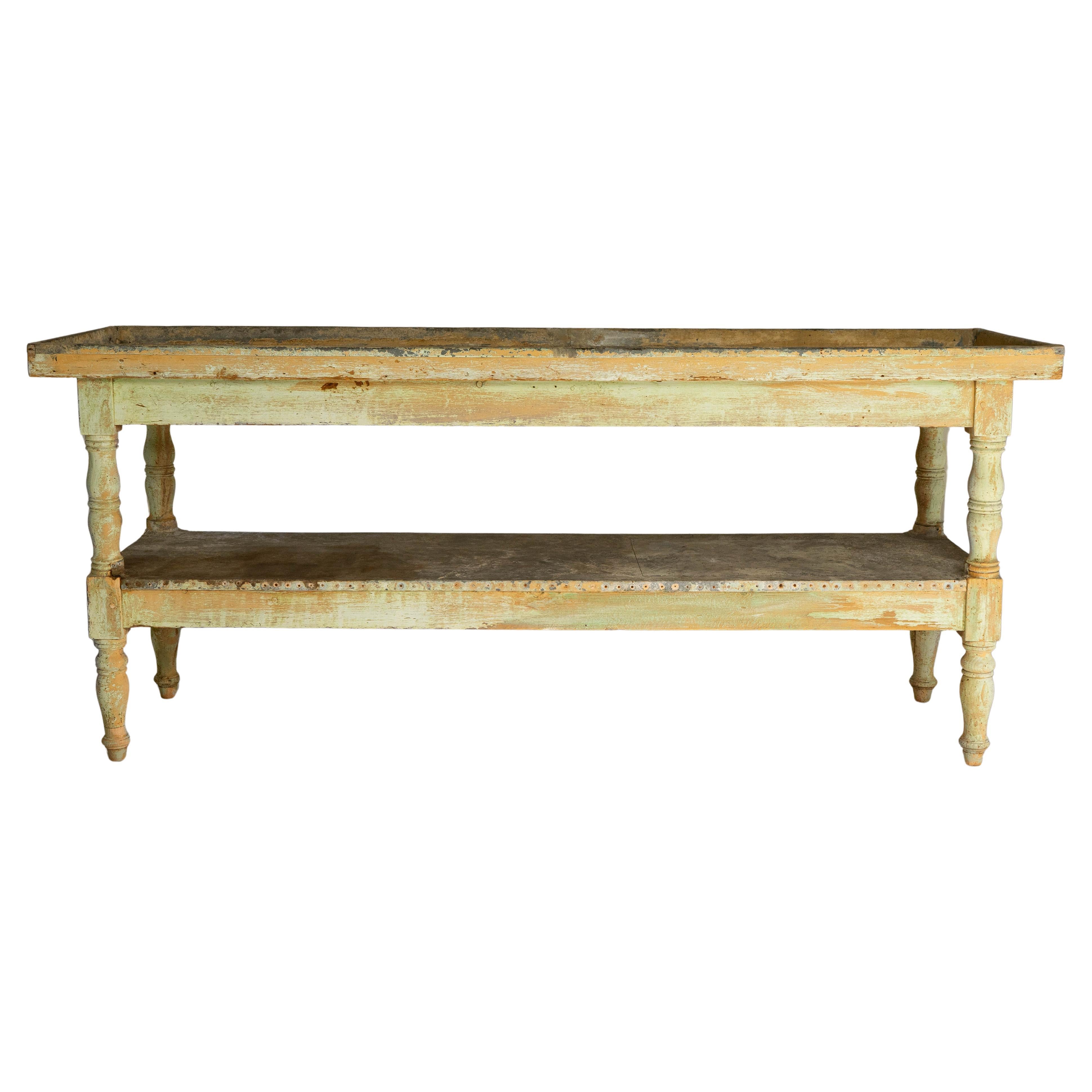 1900s French Green Wood Patinated Florist
s Table With Zinc Top