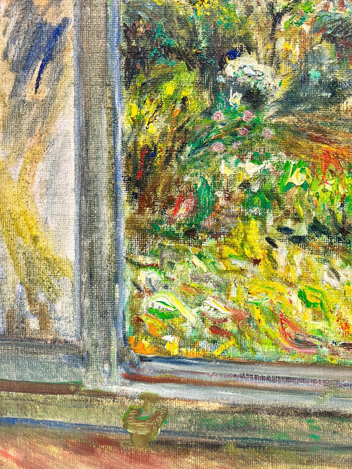 Dreamy Französische impressionistische Ansicht aus dem Fenster über eine grüne Gartenlandschaft, Ölgemälde (Impressionismus), Painting, von 1900's French Impressionist