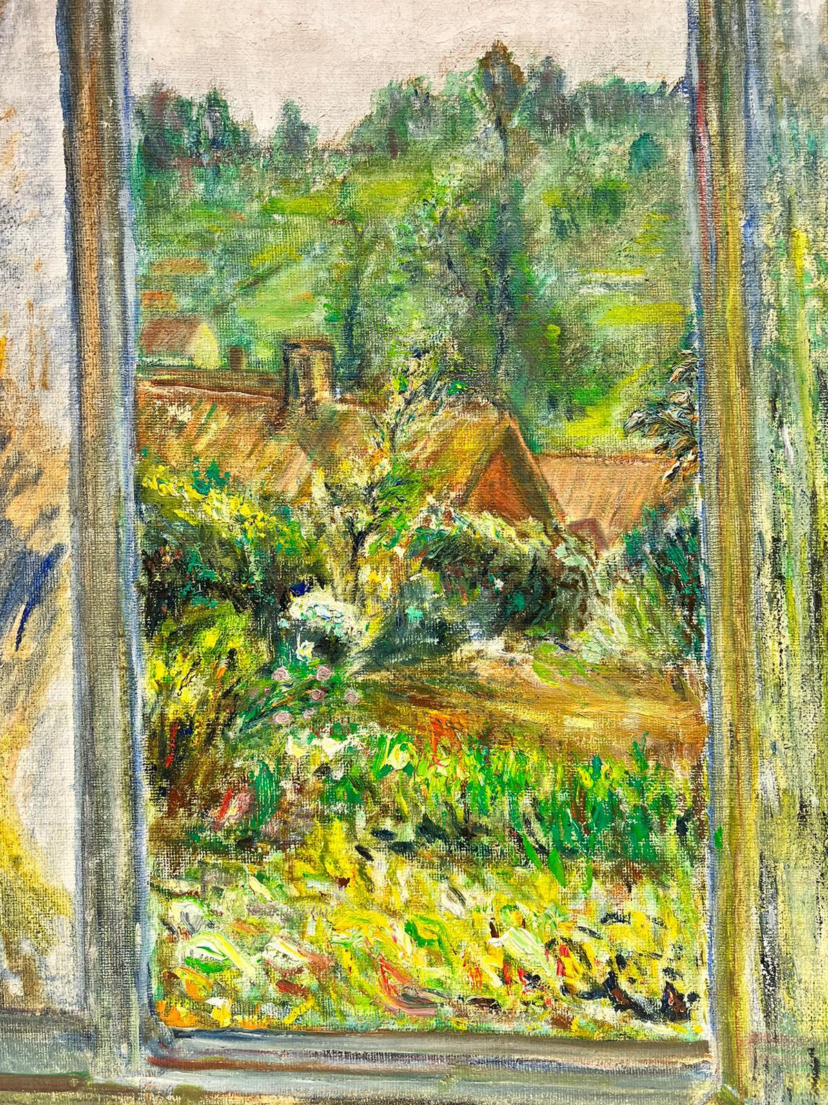 Ensoñadora vista impresionista francesa desde una ventana sobre un paisaje verde al óleo - Landscape Painting Marrón de 1900's French Impressionist