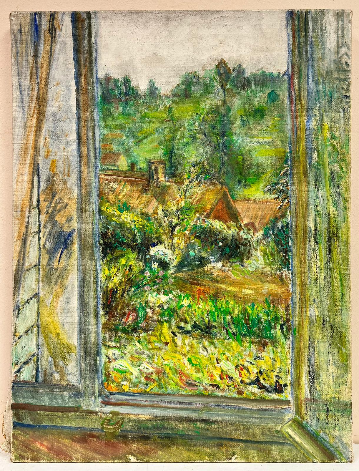 Dreamy Französische impressionistische Ansicht aus dem Fenster über eine grüne Gartenlandschaft, Ölgemälde im Angebot 1