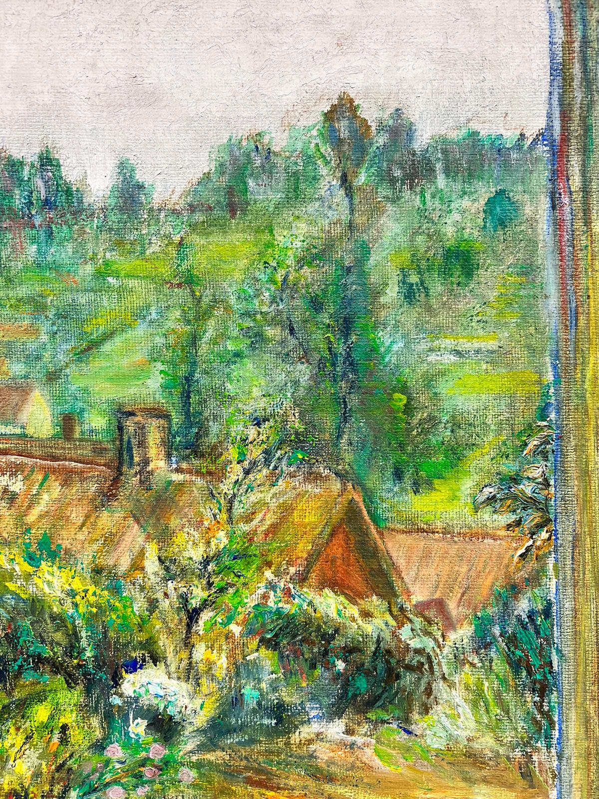 Tableau impressionniste français rêveur d'une fenêtre sur un paysage de jardin vert - Impressionnisme Painting par 1900's French Impressionist