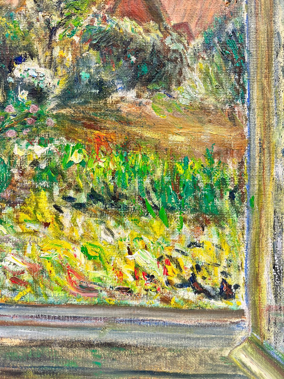Artistics/ School : Impressionniste français du début des années 1900, probablement une esquisse inachevée, donc non signée. 

Titre : Vue d'un jardin de rêve, regardant par la fenêtre un paysage de jardin d'un vert profond et vibrant.

Médium :