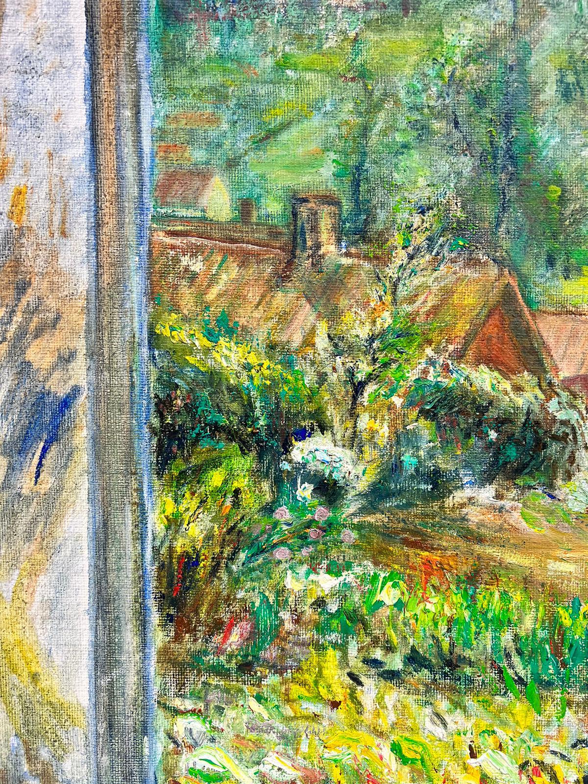 Tableau impressionniste français rêveur d'une fenêtre sur un paysage de jardin vert en vente 1
