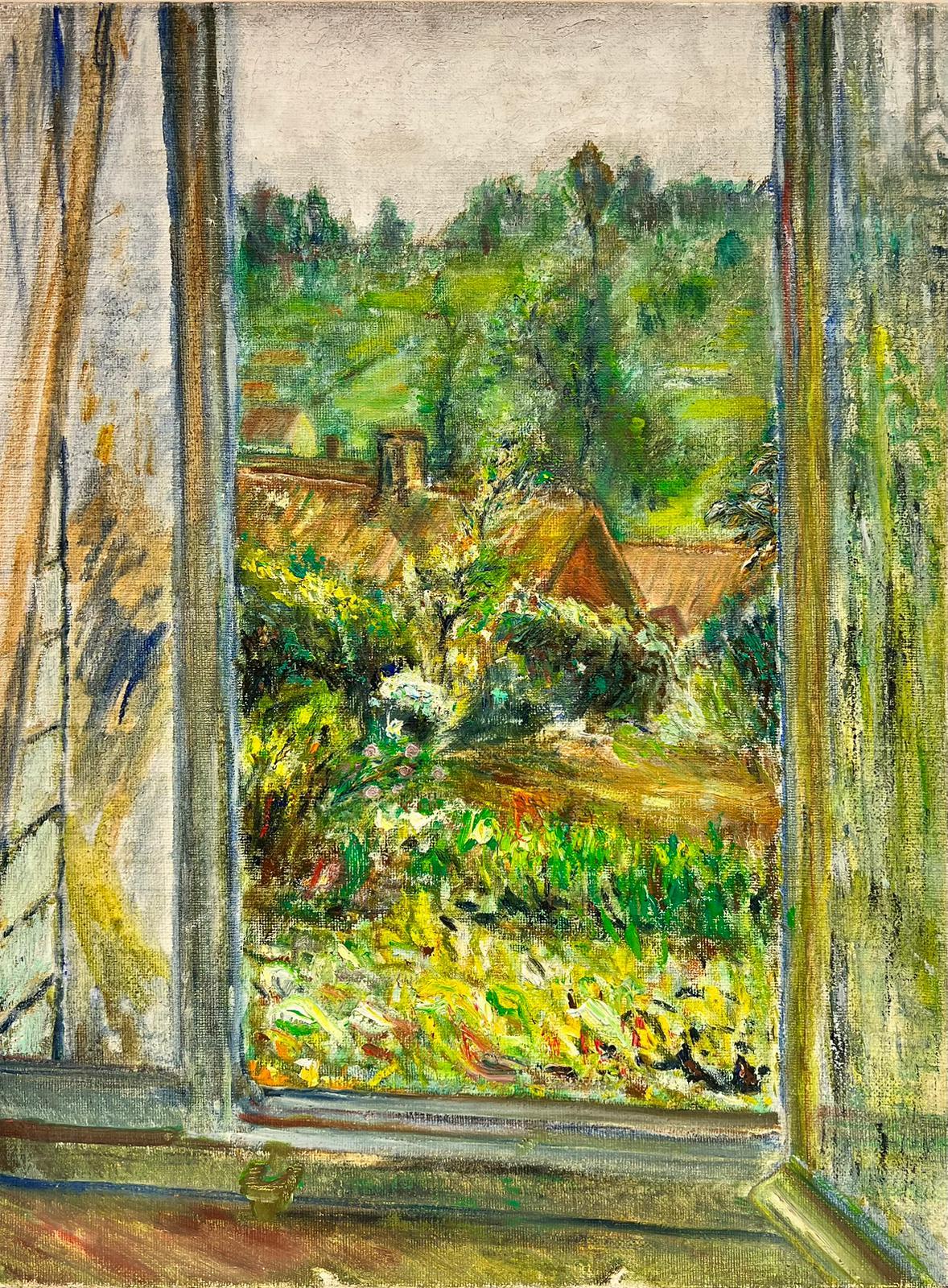Dreamy Französische impressionistische Ansicht aus dem Fenster über eine grüne Gartenlandschaft, Ölgemälde