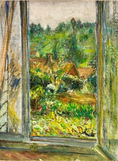 Antique Dreamy French Impressionist View from Window over Green Garden Landscape oil