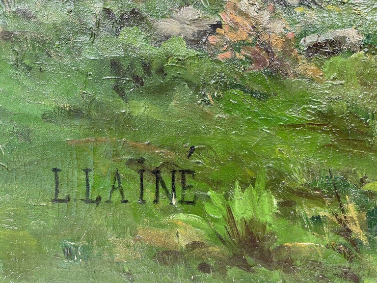 HUGE 1900'S FRENCH IMPRESSIONIST SIGNED OIL PAINTING - FIGURE IN RIVER LANDSCAPE - Gray Landscape Painting by 1900's French Impressionist