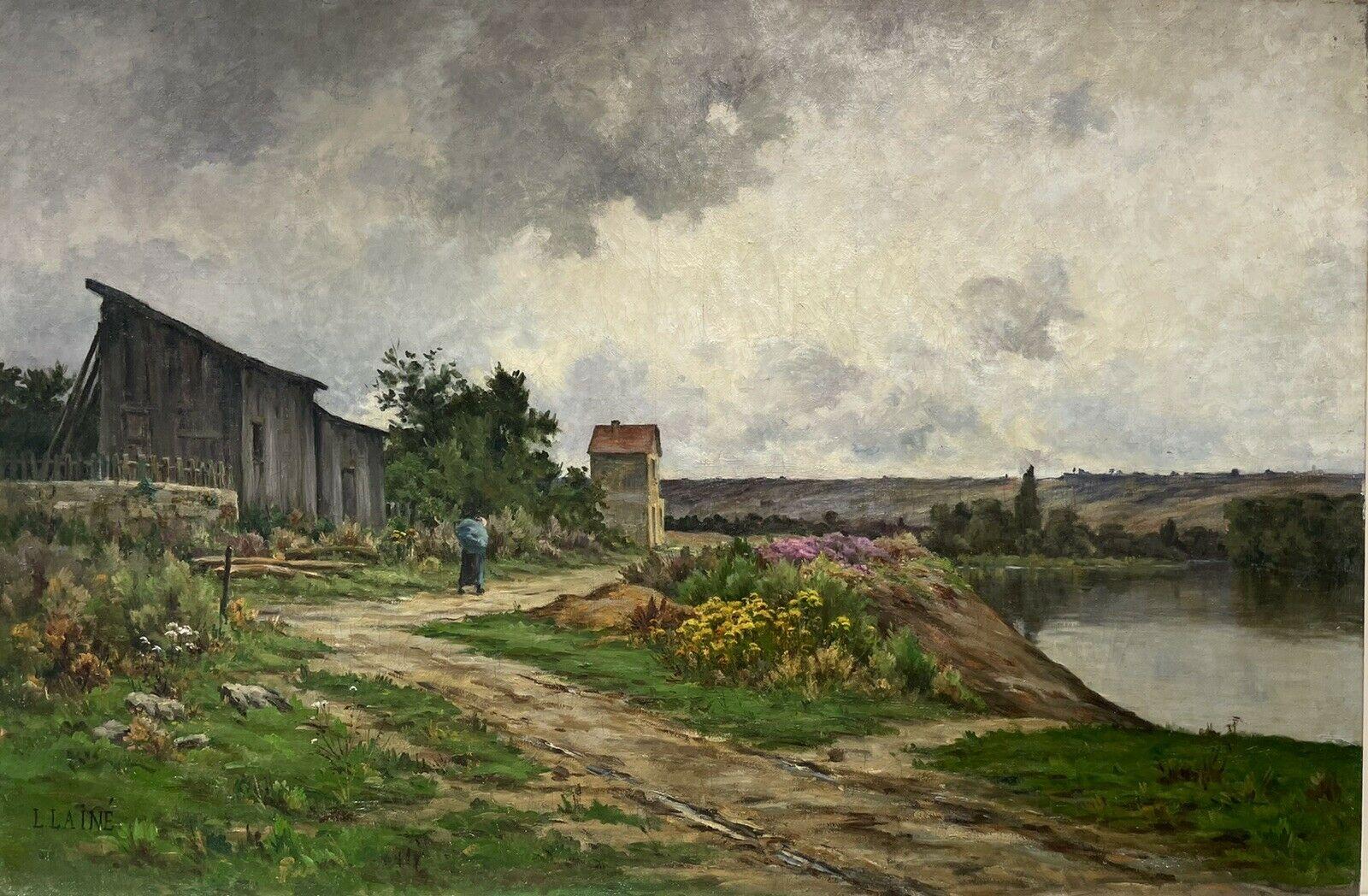 1900's French Impressionist Landscape Painting - HUGE 1900'S FRENCH IMPRESSIONIST SIGNED OIL PAINTING - FIGURE IN RIVER LANDSCAPE