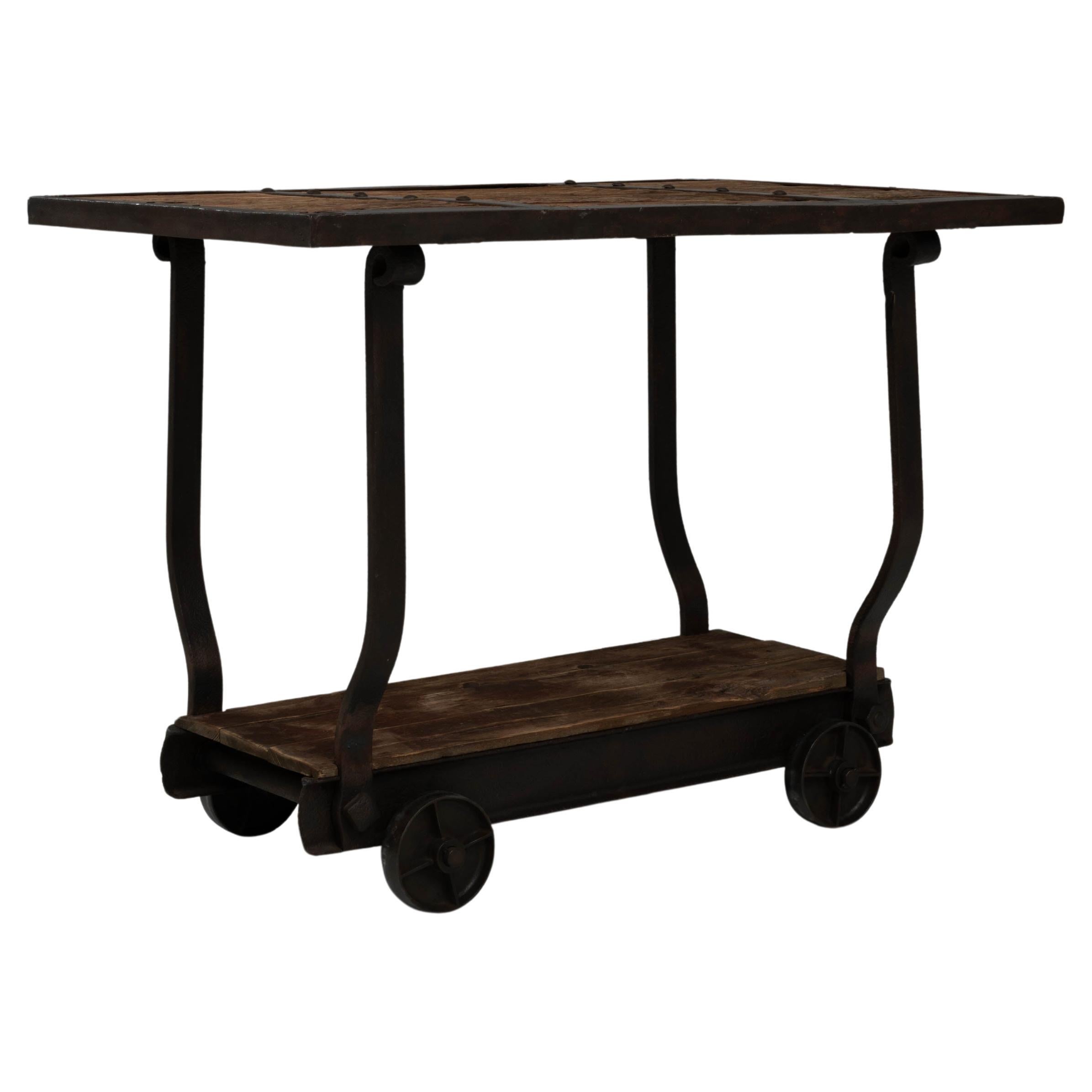 1900s French Industrial Table On Wheels