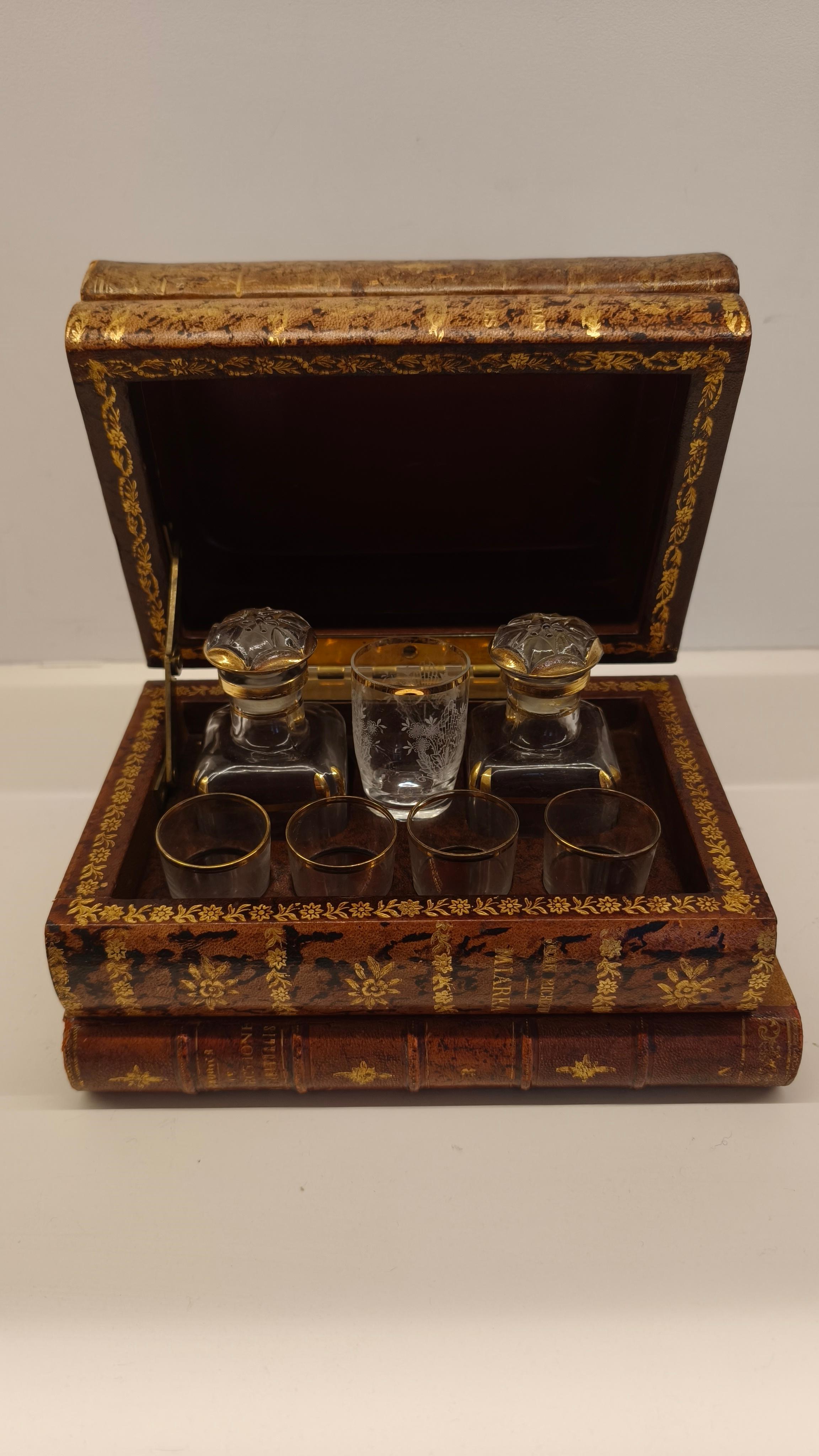 1900er Jahre Französisch Leder Buch Stack Tantalum Liquor / Drinks Box, neo Empire-Stil (Handbemalt) im Angebot