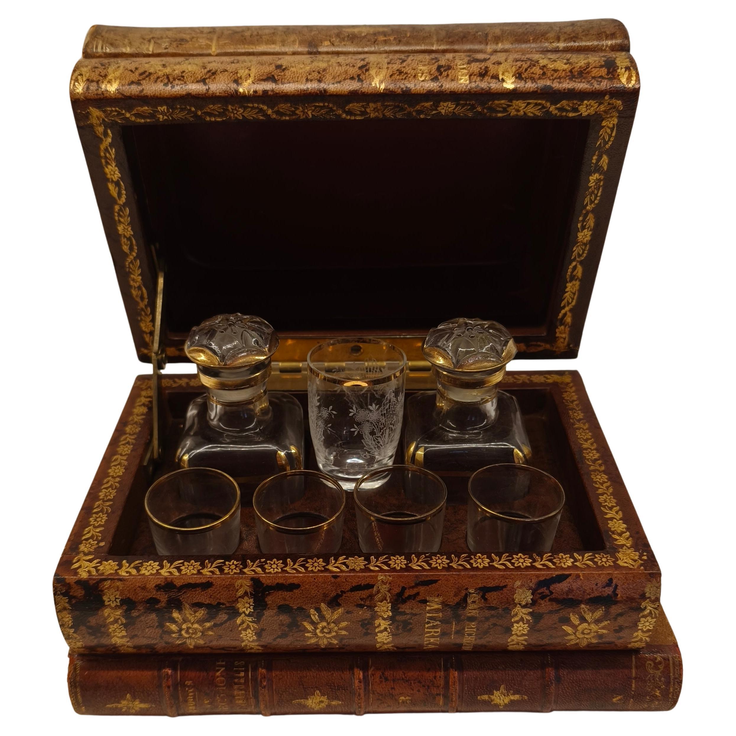 1900s French Leather Book Stack Tantalum Liquor / Drinks Box, neo empire style