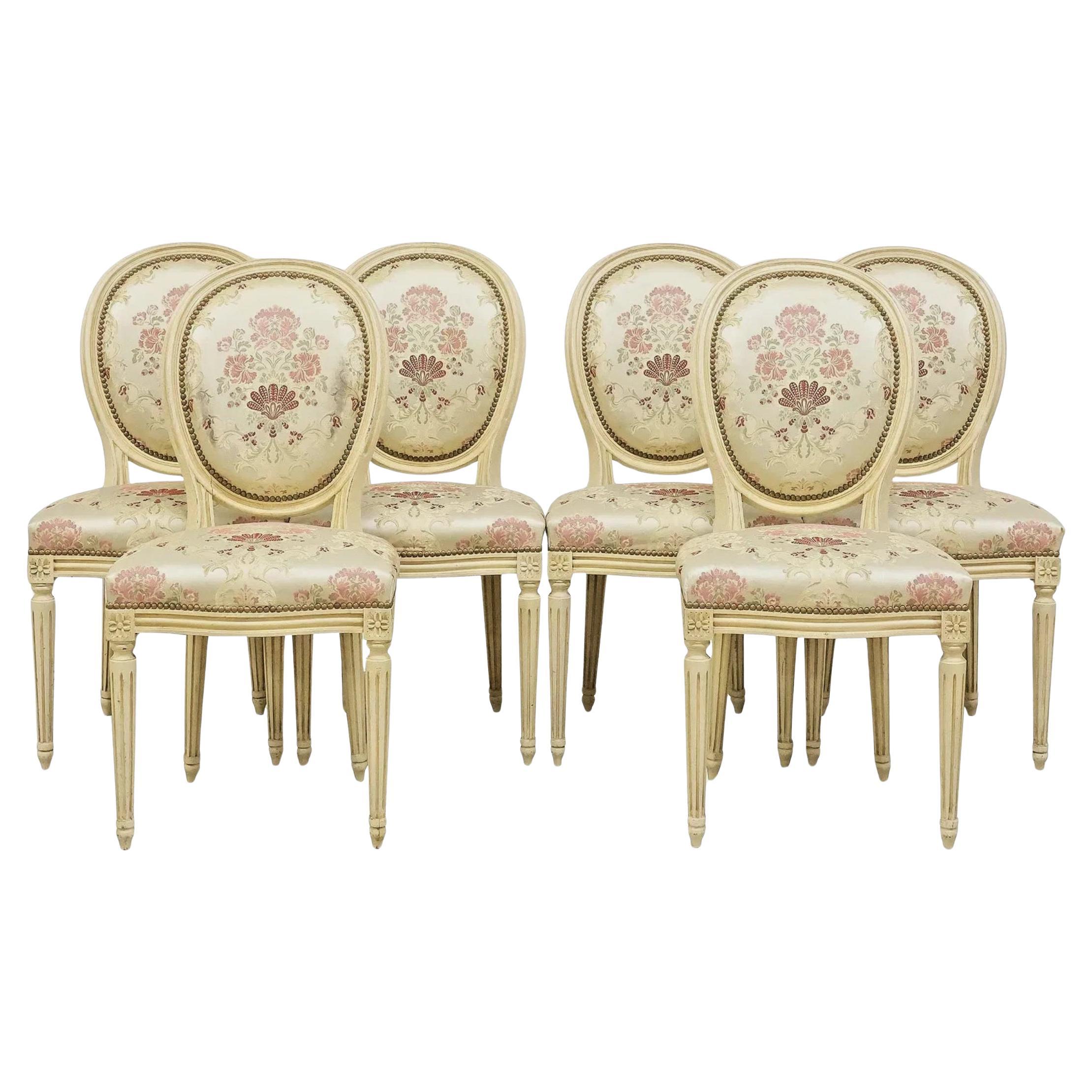 Chaises de salle à manger de style Louis XVI, peintes, tapissées de brocart, lot de 6, 1900 !