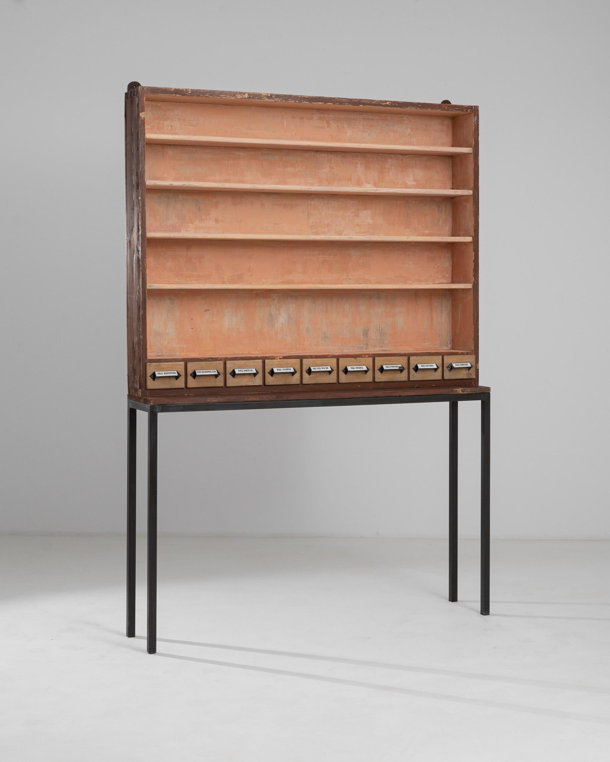 A metal and wooden cabinet from 1900s France. This high-standing cabinet boasts a warm color palette, featuring black metal legs, a rich umber outer wood tone, and a bright burnt peach interior. Originally designed for housing apothecary bottles and
