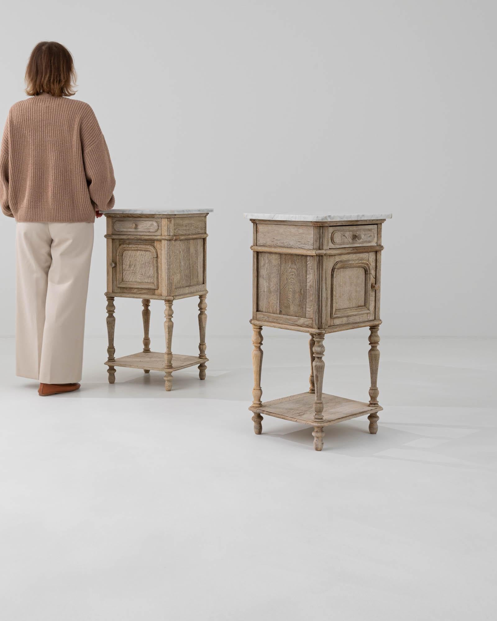 French Provincial 1900s French Oak and Marble Bedside Tables, a Pair