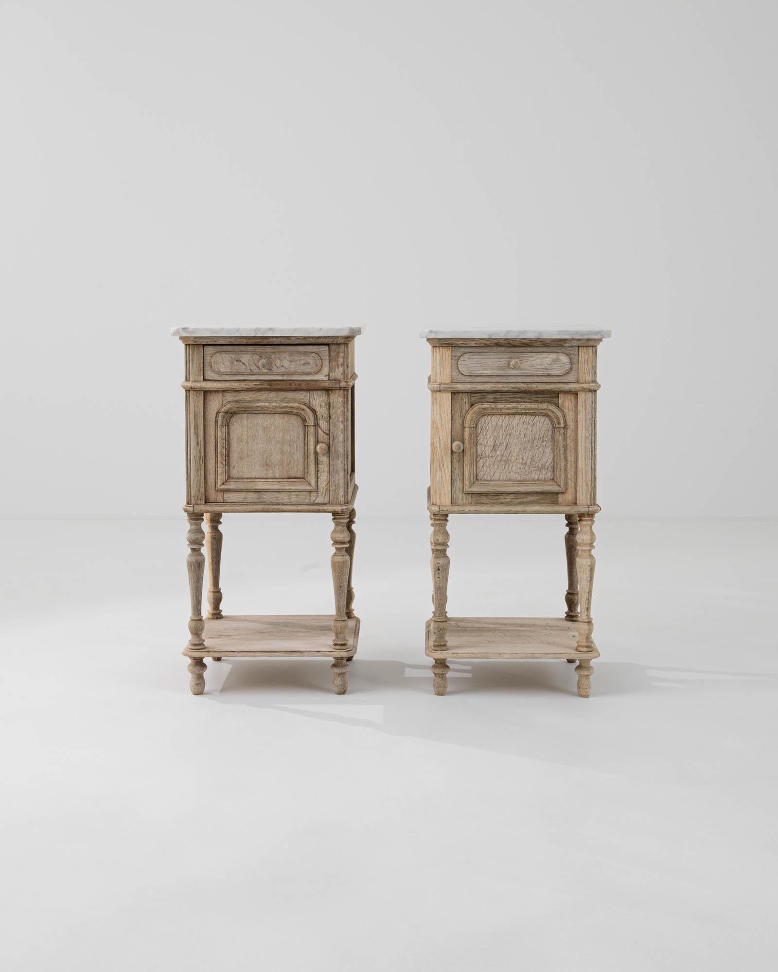 Bleached 1900s French Oak and Marble Bedside Tables, a Pair