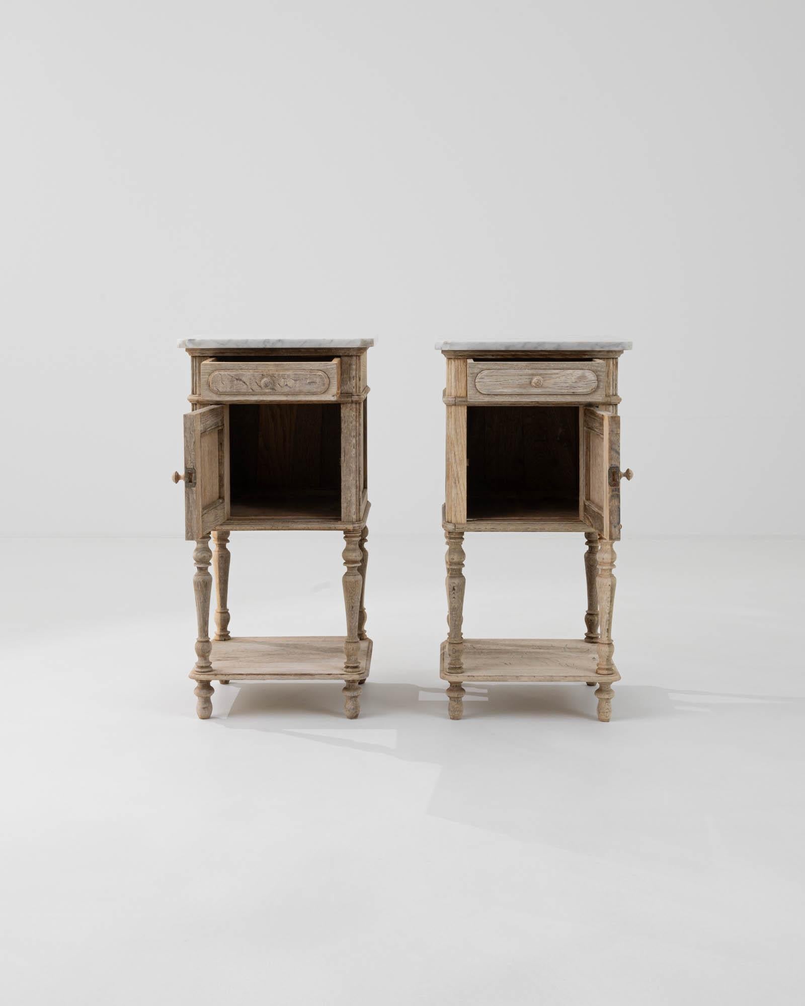 1900s French Oak and Marble Bedside Tables, a Pair In Good Condition In High Point, NC