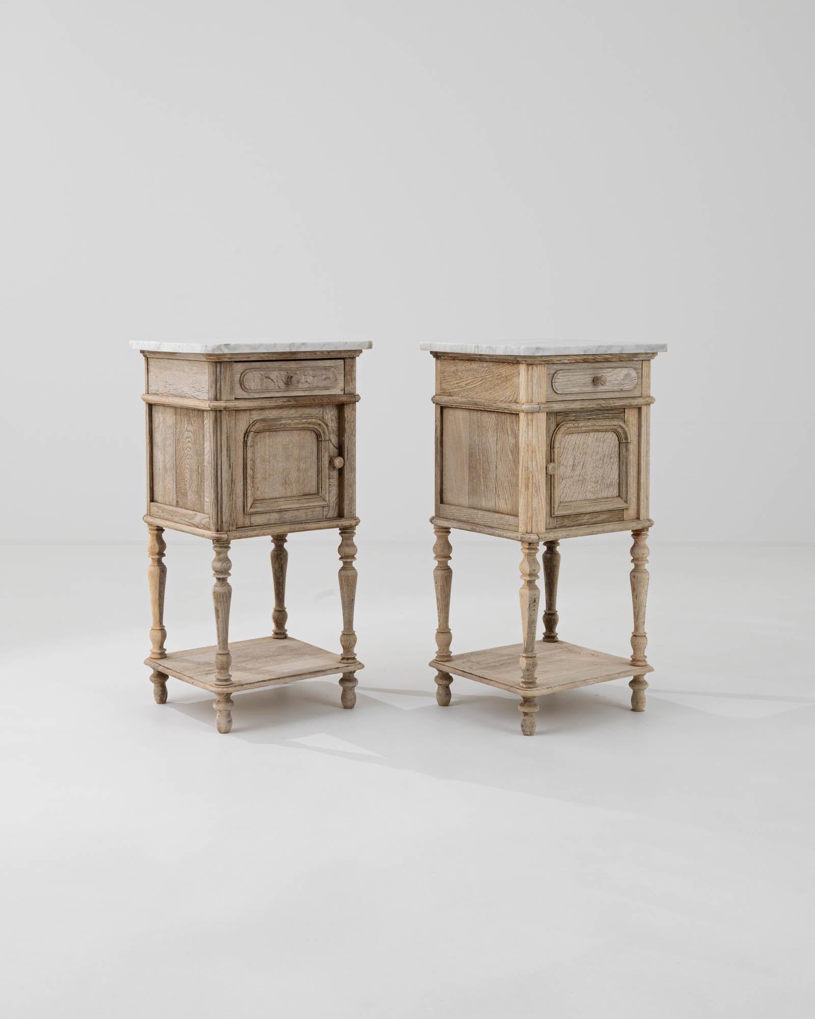 Early 20th Century 1900s French Oak and Marble Bedside Tables, a Pair