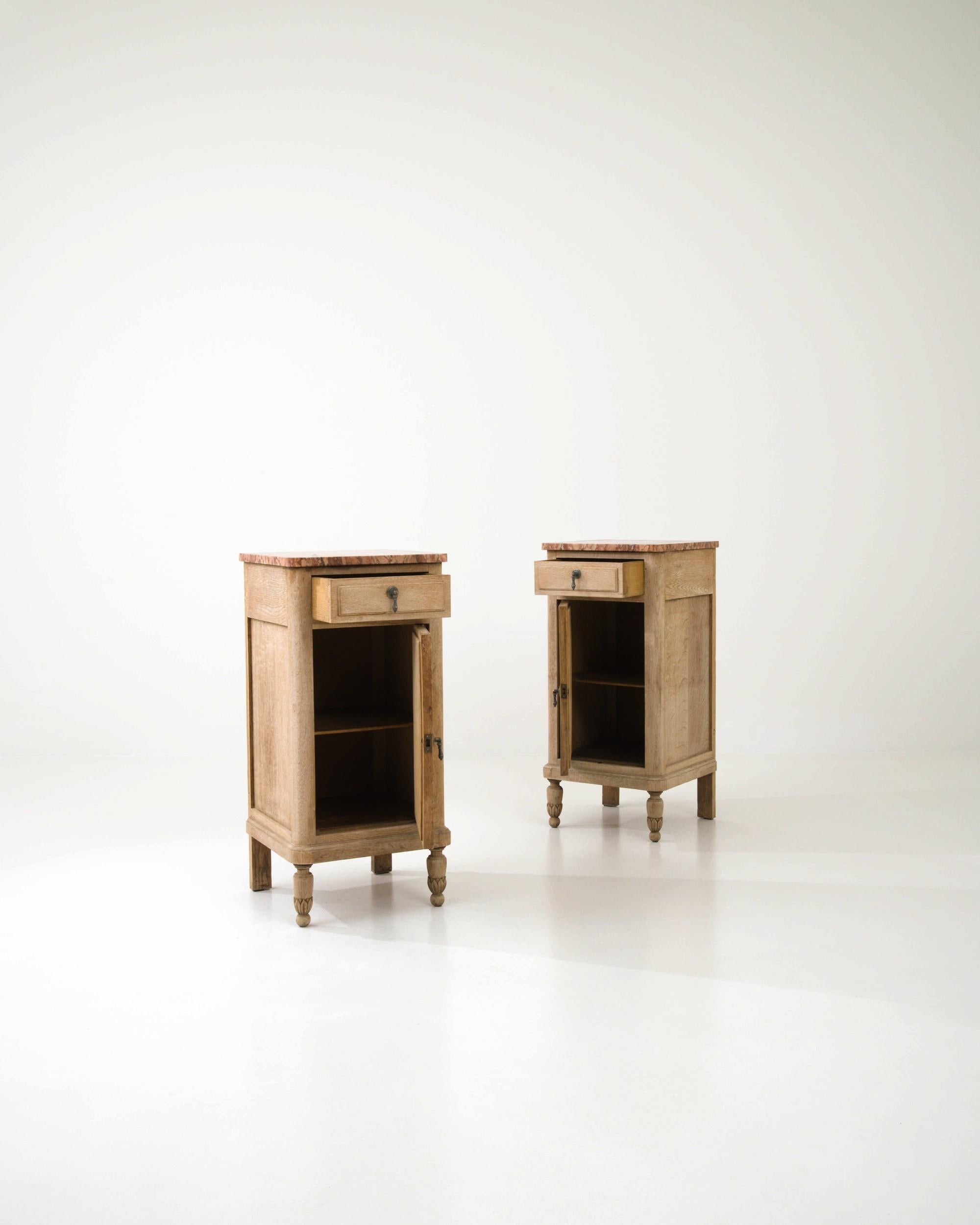 French Provincial 1900s French Oak Bedsides with Marble Tops, A Pair