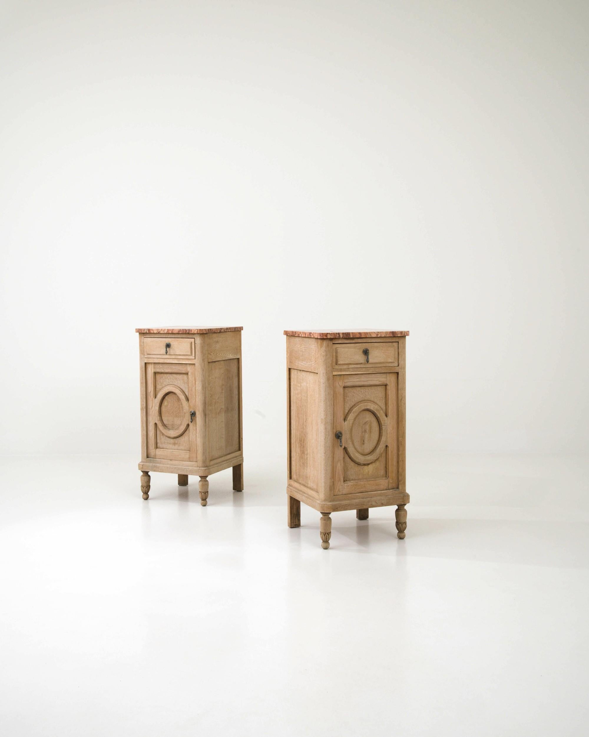 1900s French Oak Bedsides with Marble Tops, A Pair In Good Condition In High Point, NC