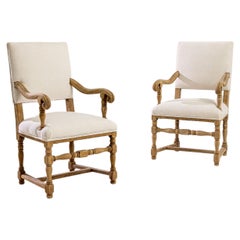 1900s French Oak Upholstered Armchairs, a Pair