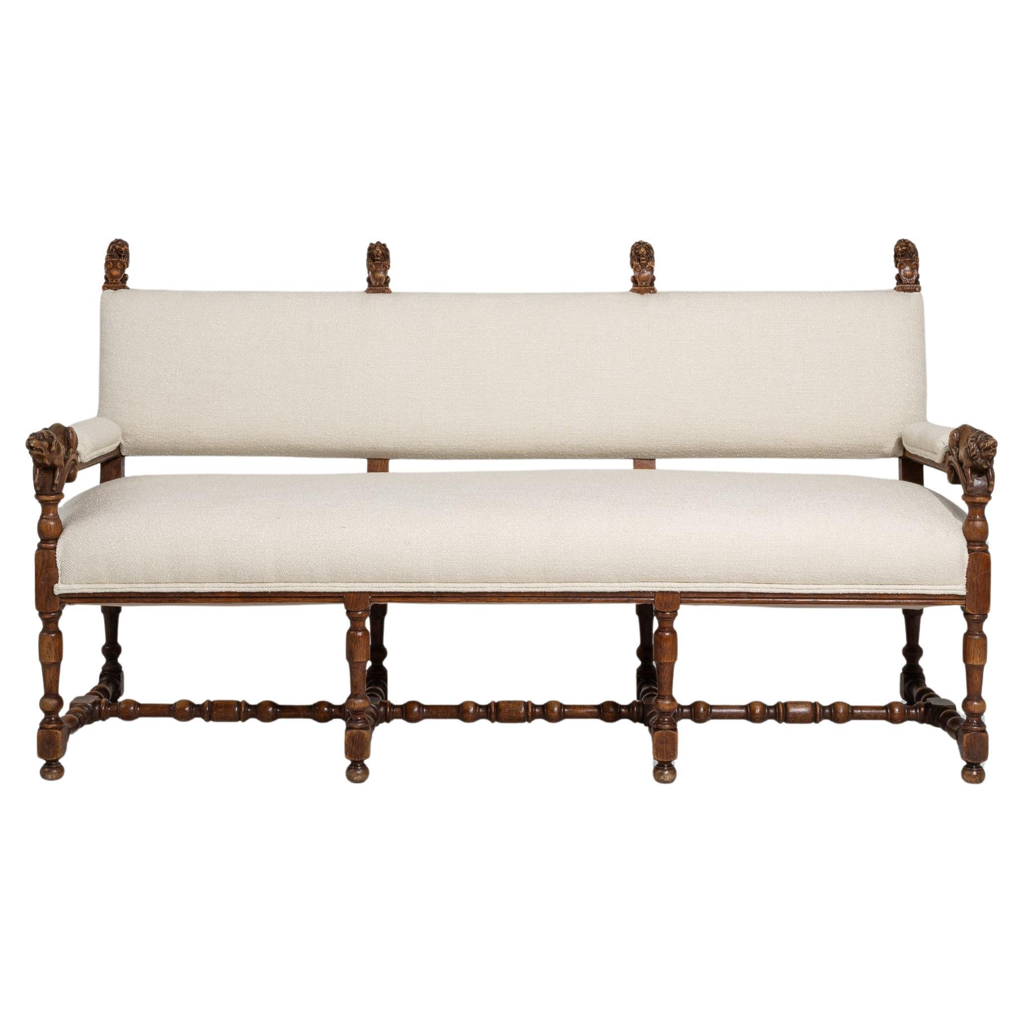 1900s French Ornate Upholstered Bench With Lion Figures