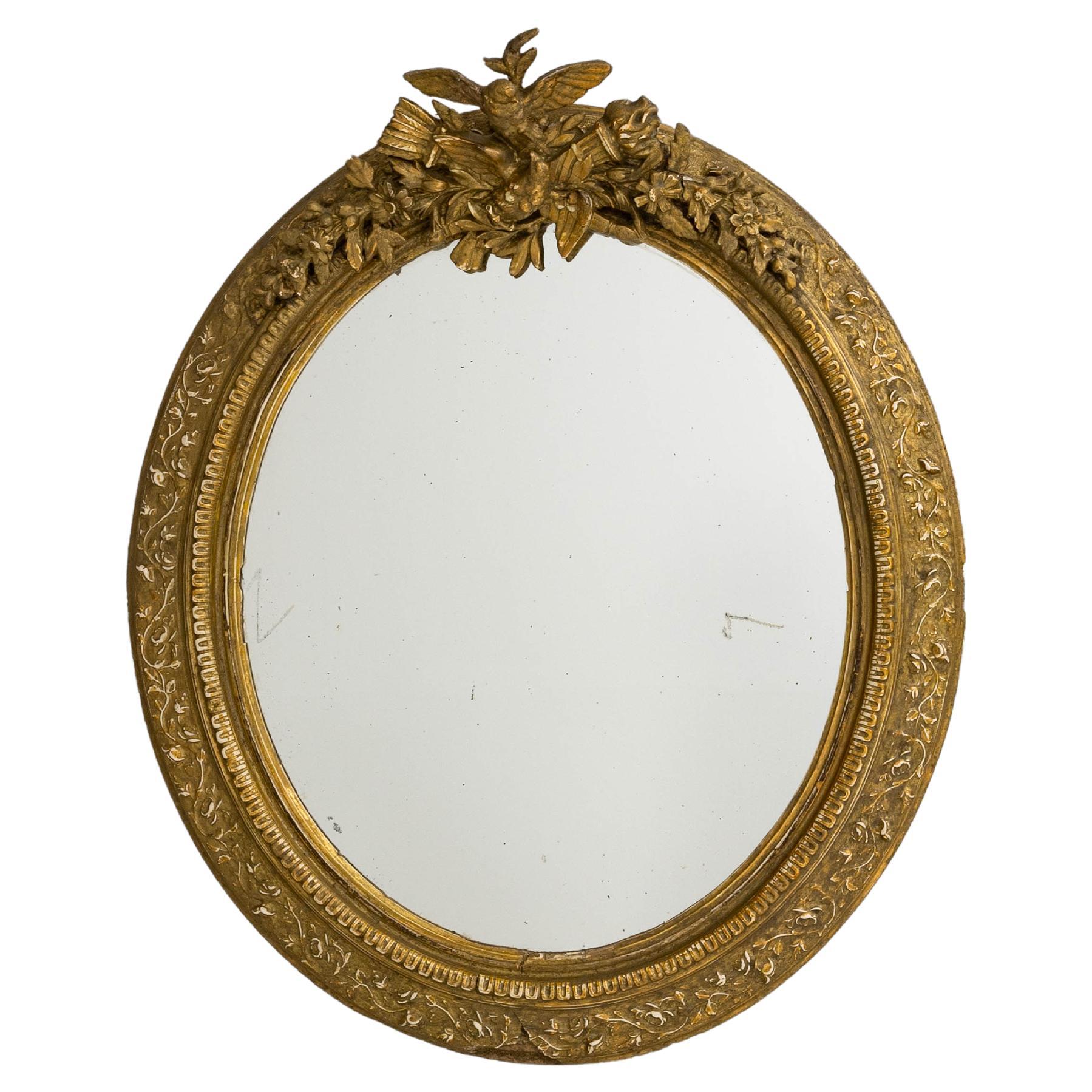 1900s French Oval Gilded Wood Mirror With Floral Motifs