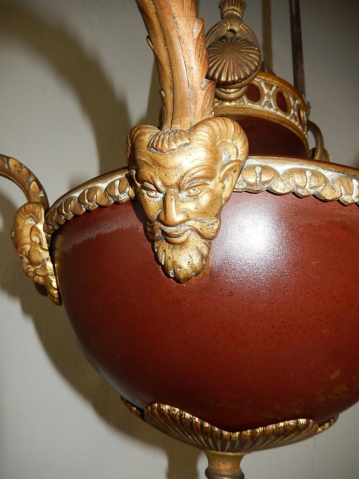 1900s French Red Empire Period Bronze Figural Face Horns Chandelier 3