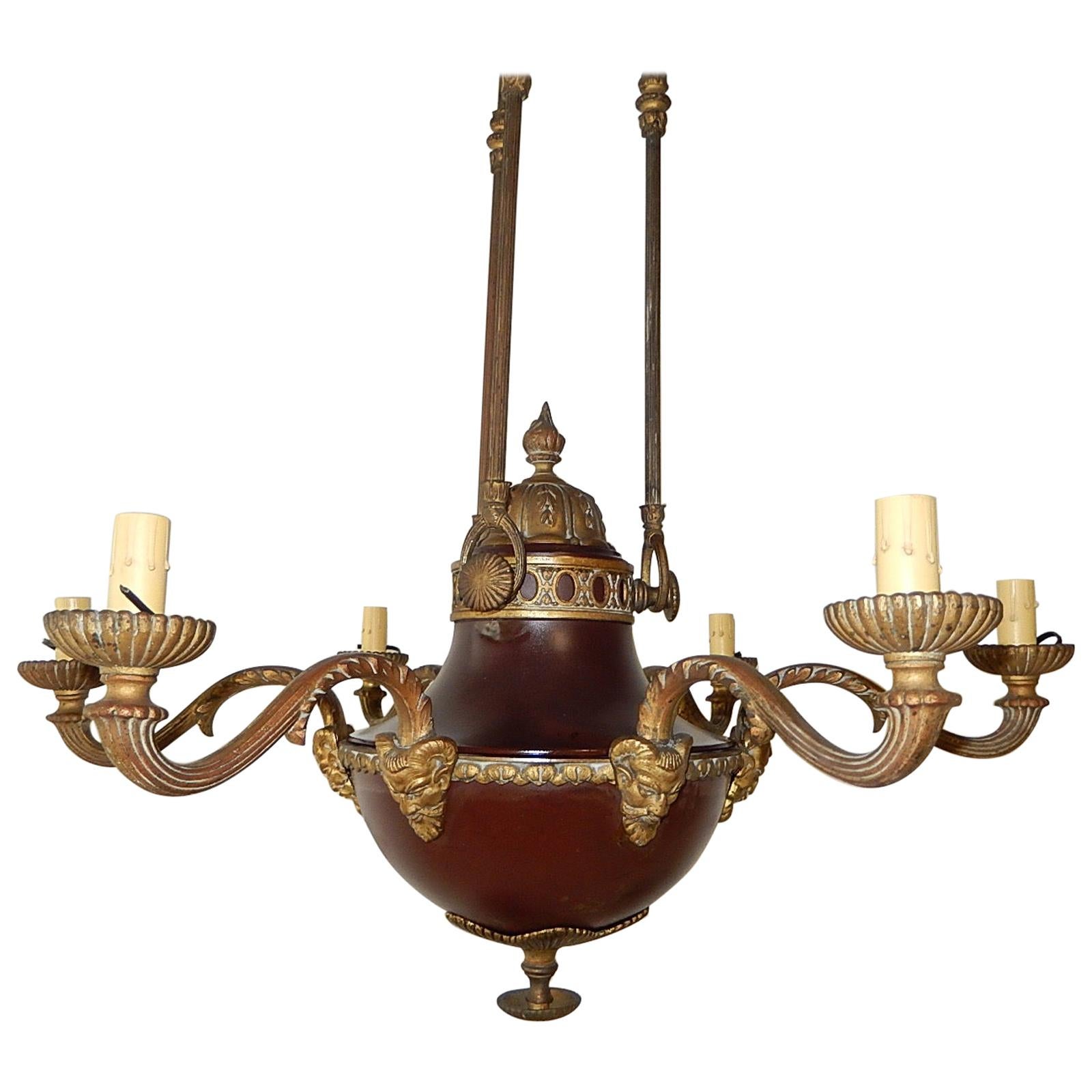 1900s French Red Empire Period Bronze Figural Face Horns Chandelier