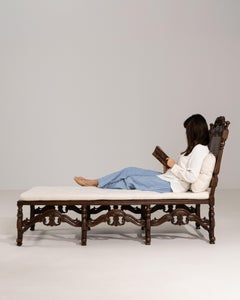 French Rococo Revival Chaise Longue Dark Carved Wood Cream Upholstery Circa 1900