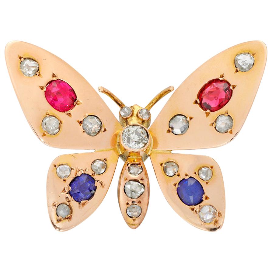 1900s French Ruby and Sapphire Gold Butterfly Brooch