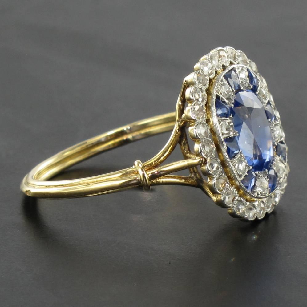 Women's 1900s French Sapphire Diamond Platinium Yellow Gold Antique Ring