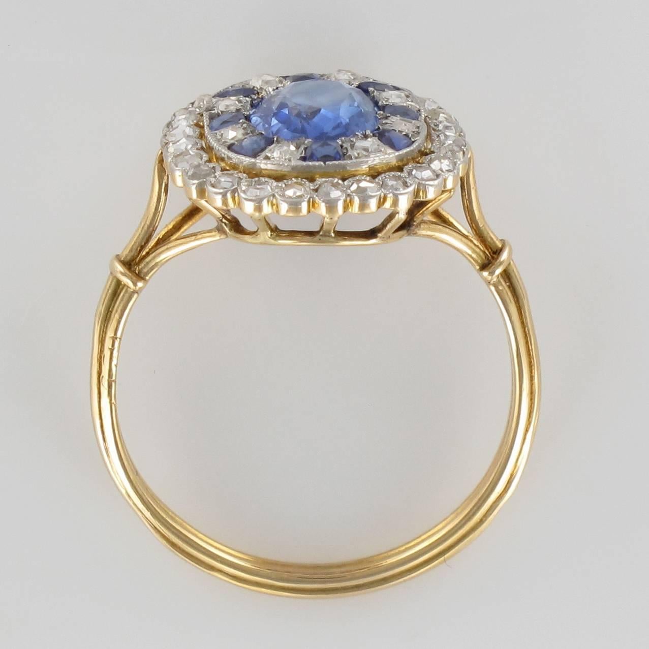 1900s French Sapphire Diamond Platinium Yellow Gold Antique Ring 1