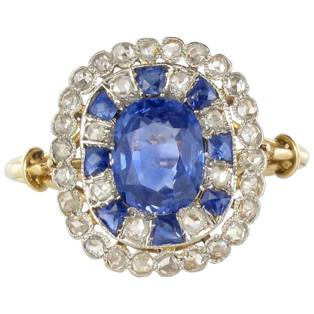 1900s French Sapphire Diamond Platinium Yellow Gold Antique Ring