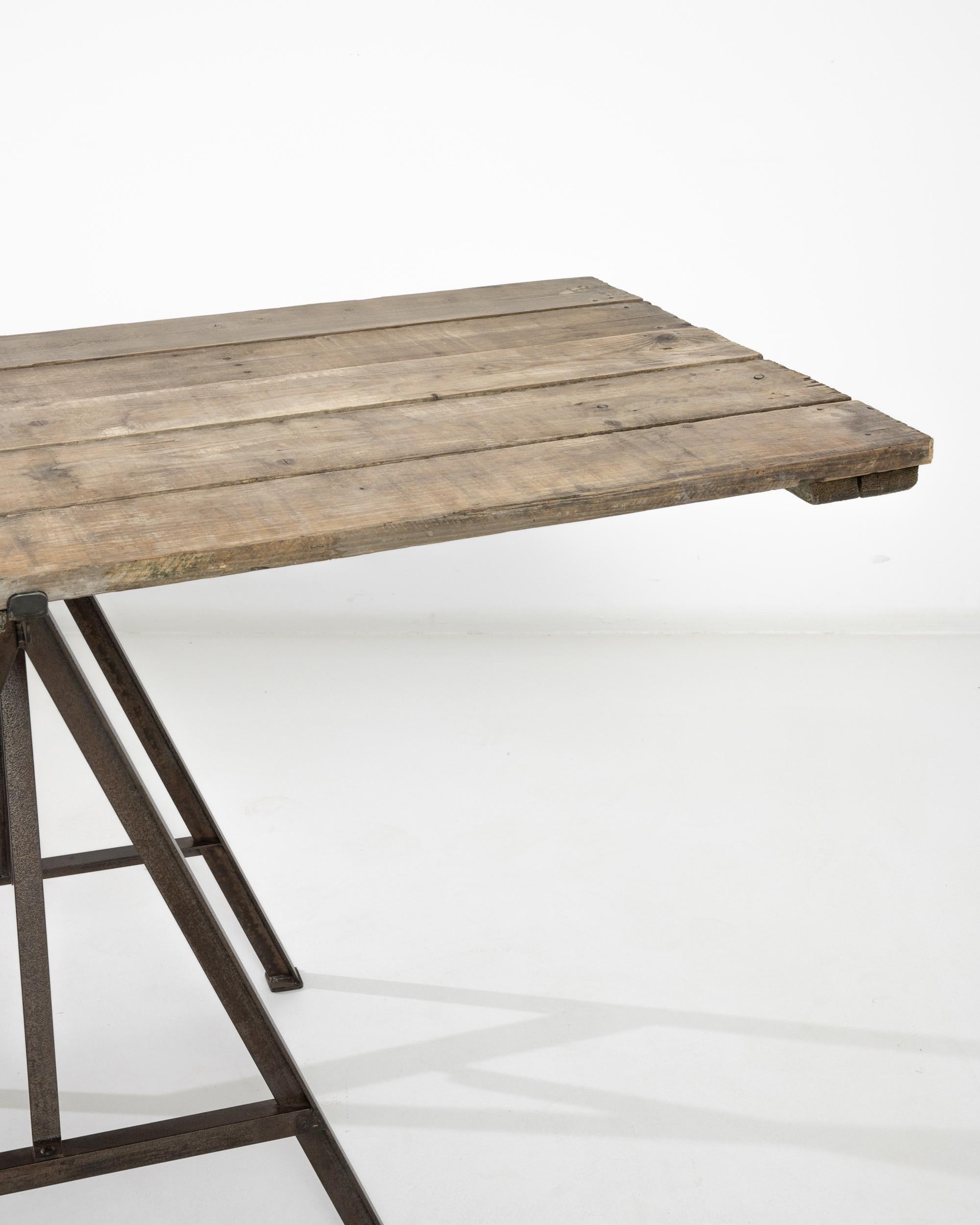 Early 20th Century 1900s French Sawhorse Table with Wooden Top For Sale
