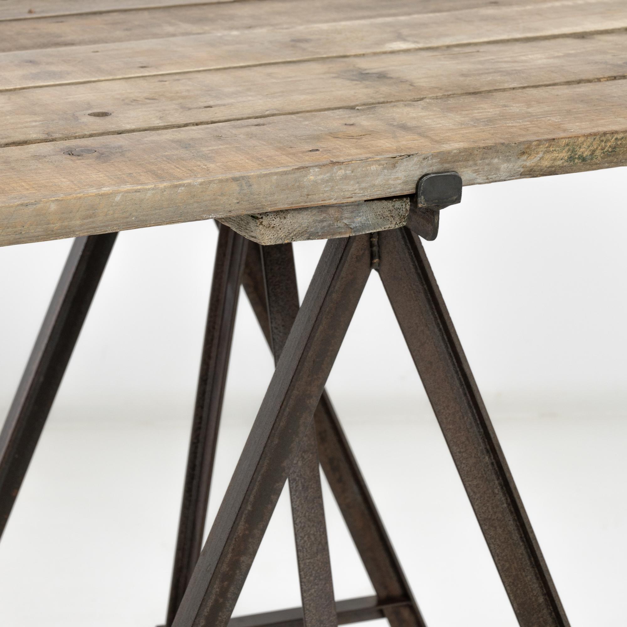 Metal 1900s French Sawhorse Table with Wooden Top For Sale