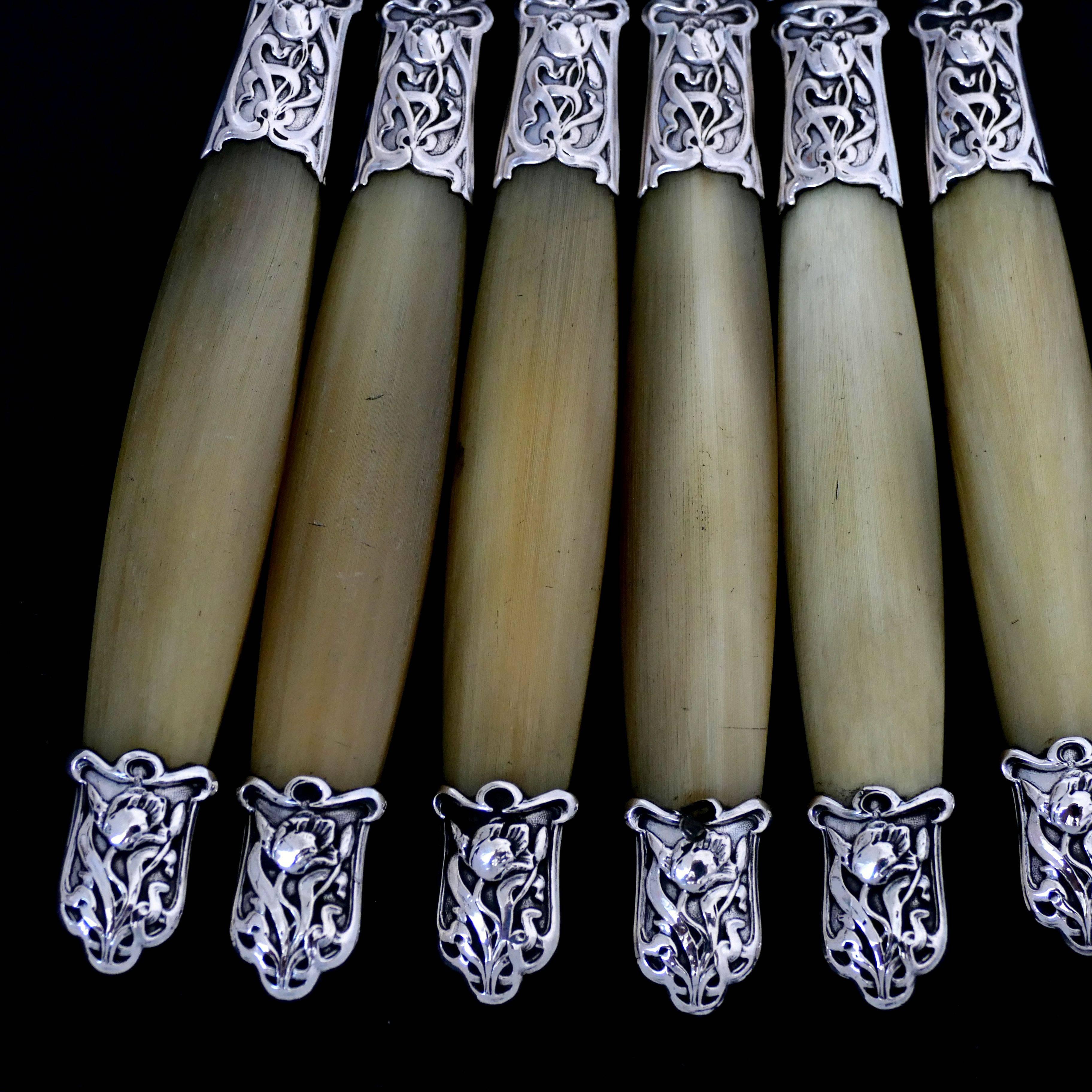 Early 20th Century 1900s French Silver Horn Entremet Dessert Knife Set of Six Pieces, Art Nouveau For Sale