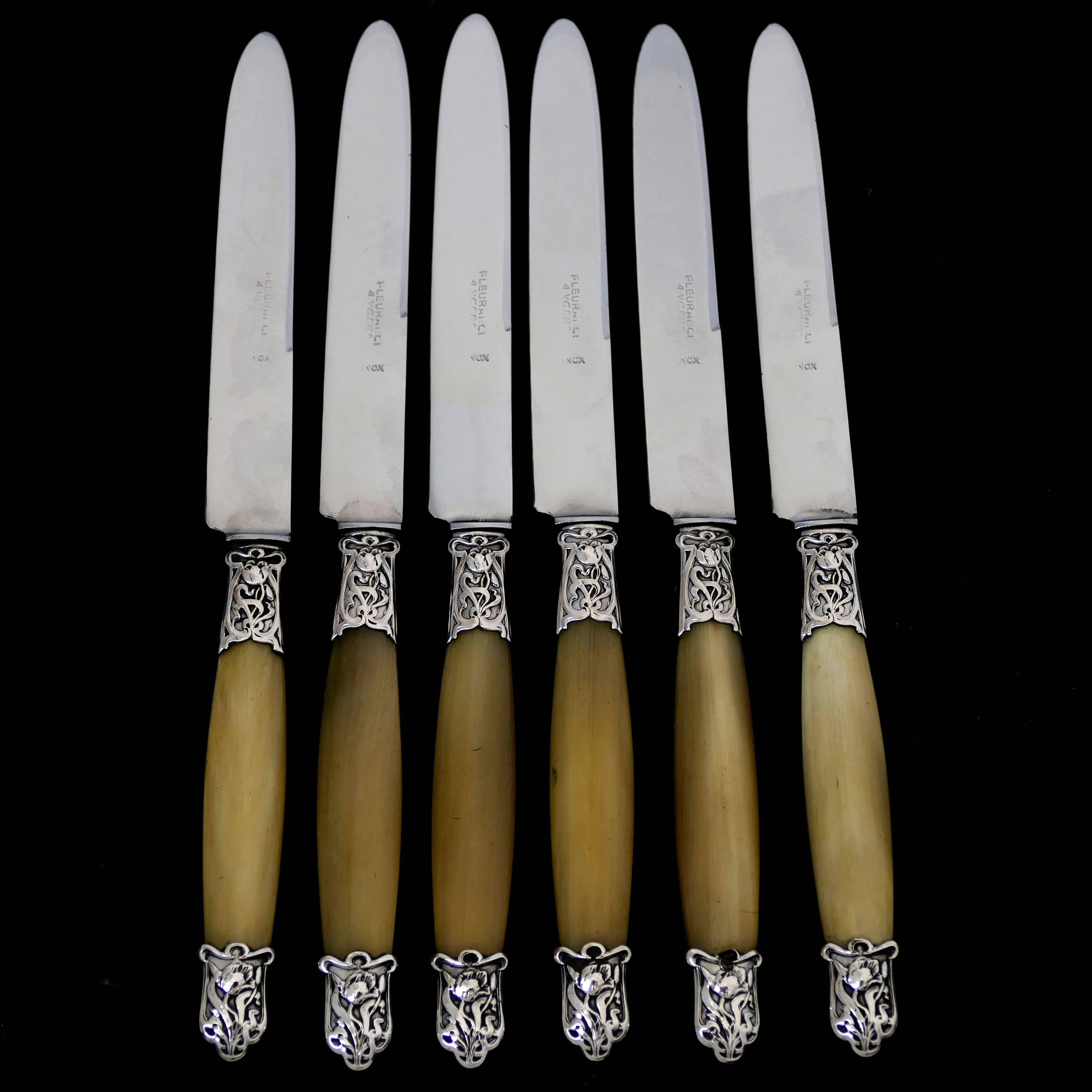 1900s French Silver Horn Entremet Dessert Knife Set of Six Pieces, Art Nouveau For Sale 1