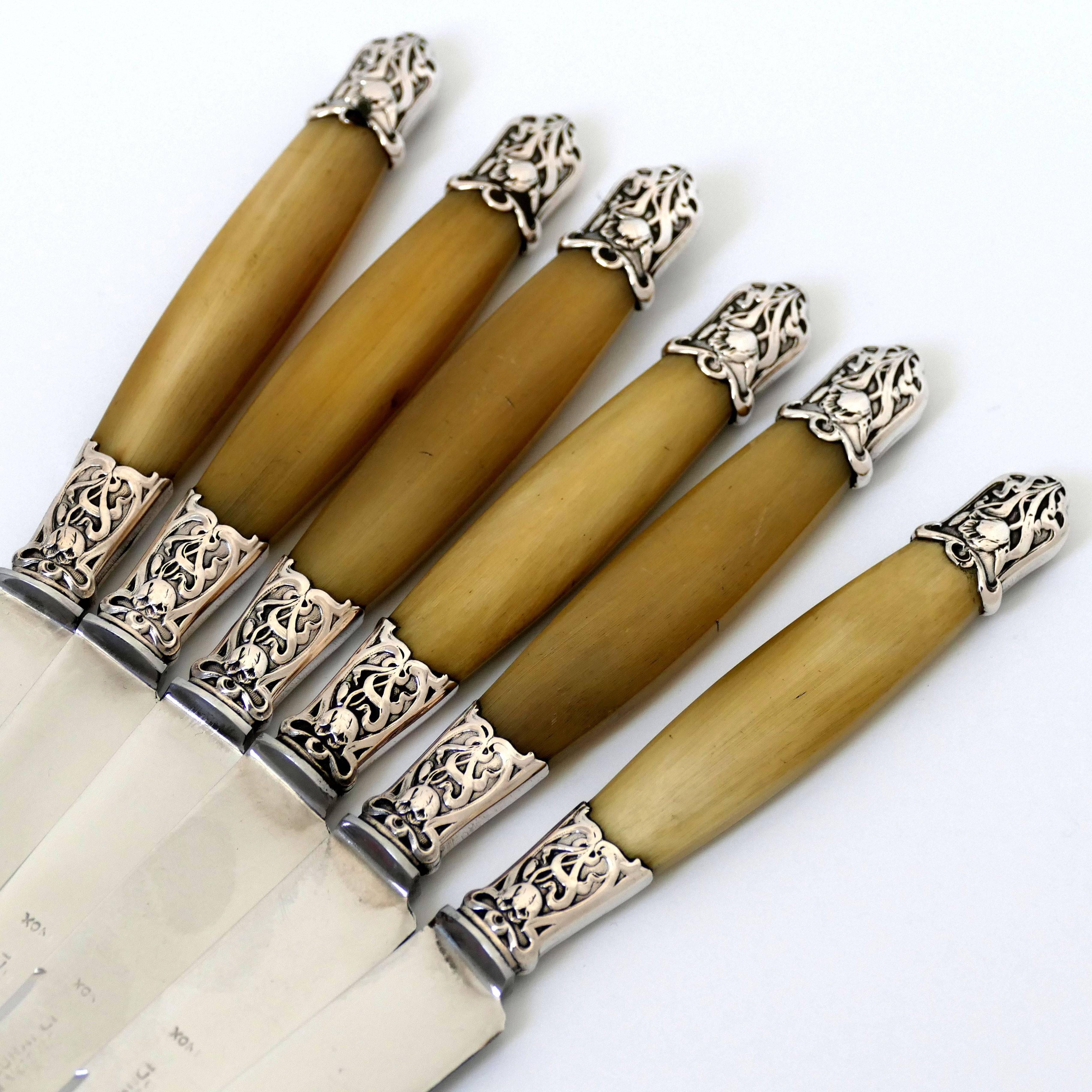 1900s French Silver Horn Entremet Dessert Knife Set of Six Pieces, Art Nouveau For Sale 2