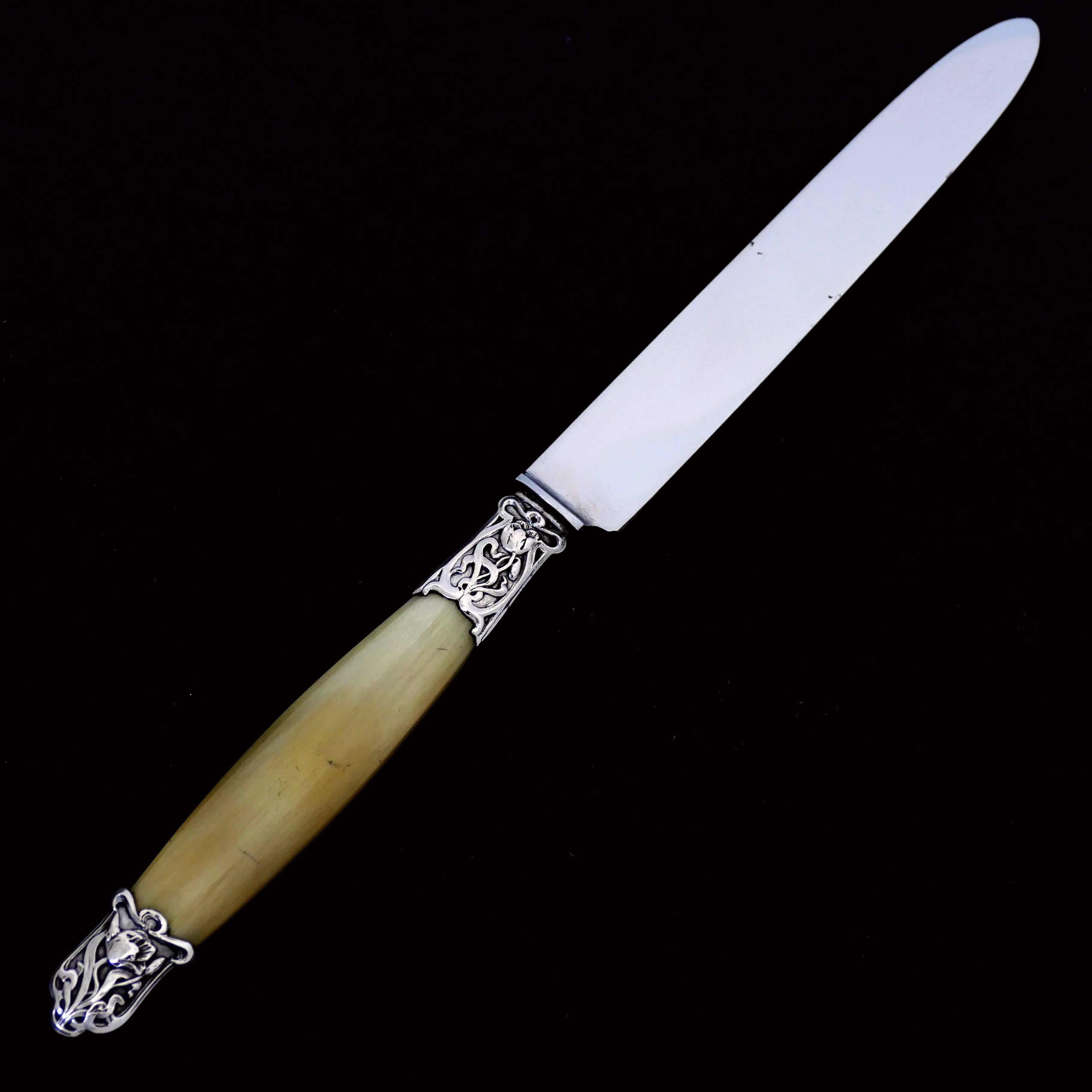 1900s French Silver Horn Entremet Dessert Knife Set of Six Pieces, Art Nouveau For Sale 3