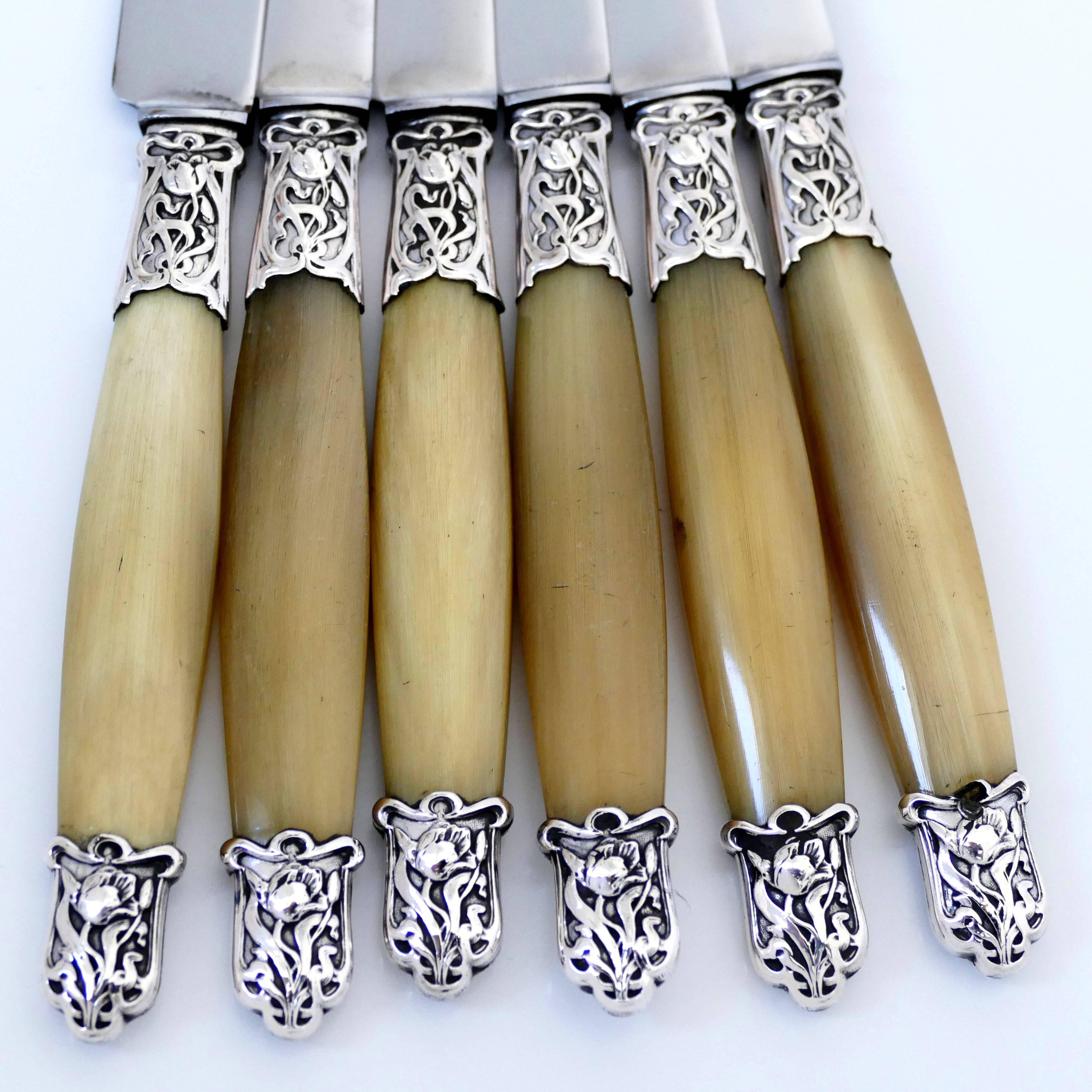 1900s French Silver Horn Entremet Dessert Knife Set of Six Pieces, Art Nouveau For Sale 4
