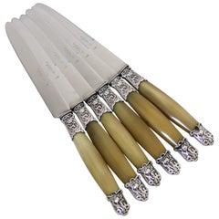Antique 1900s French Silver Horn Entremet Dessert Knife Set of Six Pieces, Art Nouveau