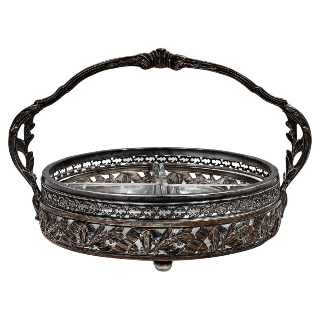 Piatto da portata francese in argento e vetro del 1900