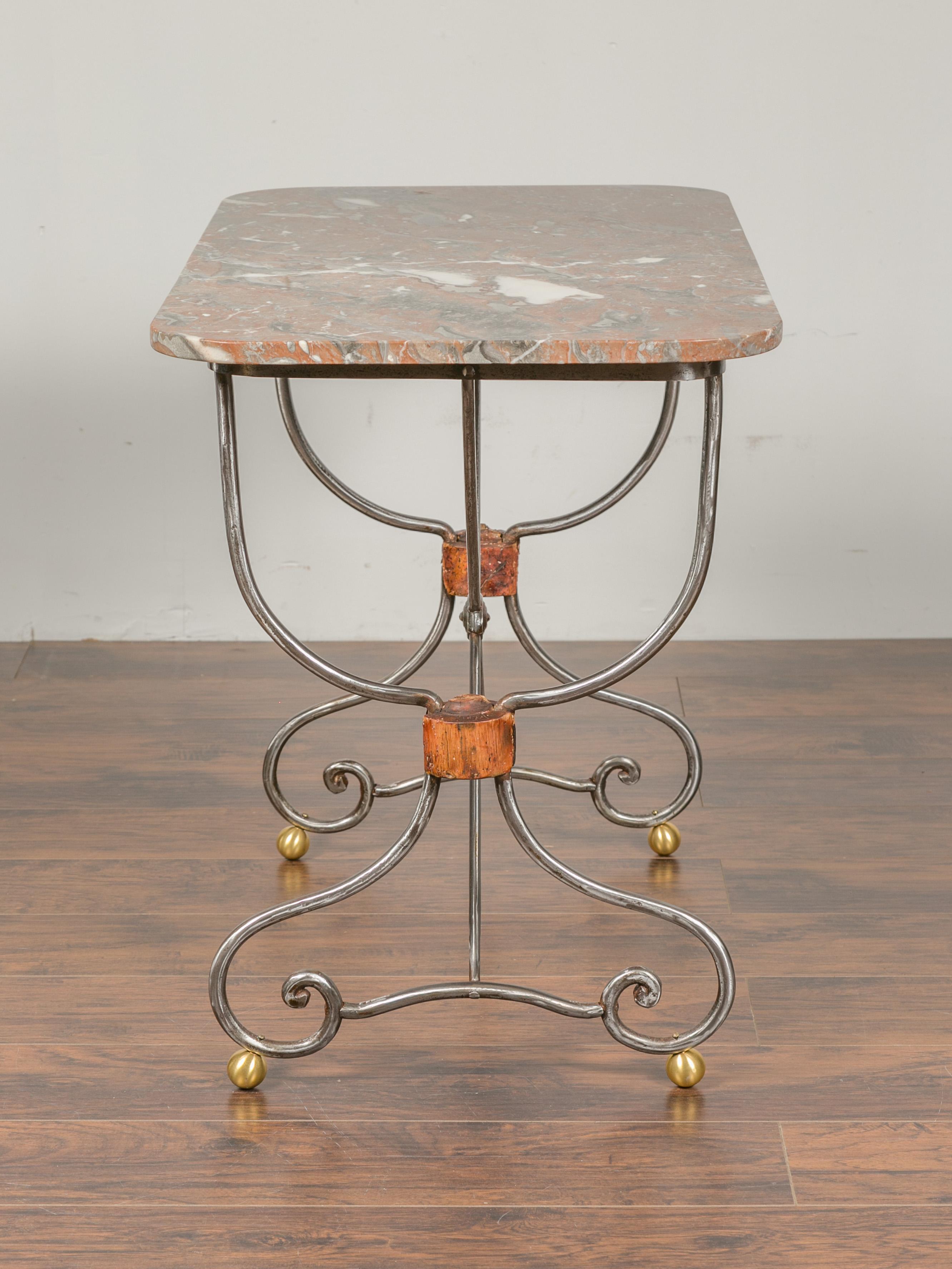 1900s French Steel Console Table with Marble Top and Petite Brass Ball Feet 6