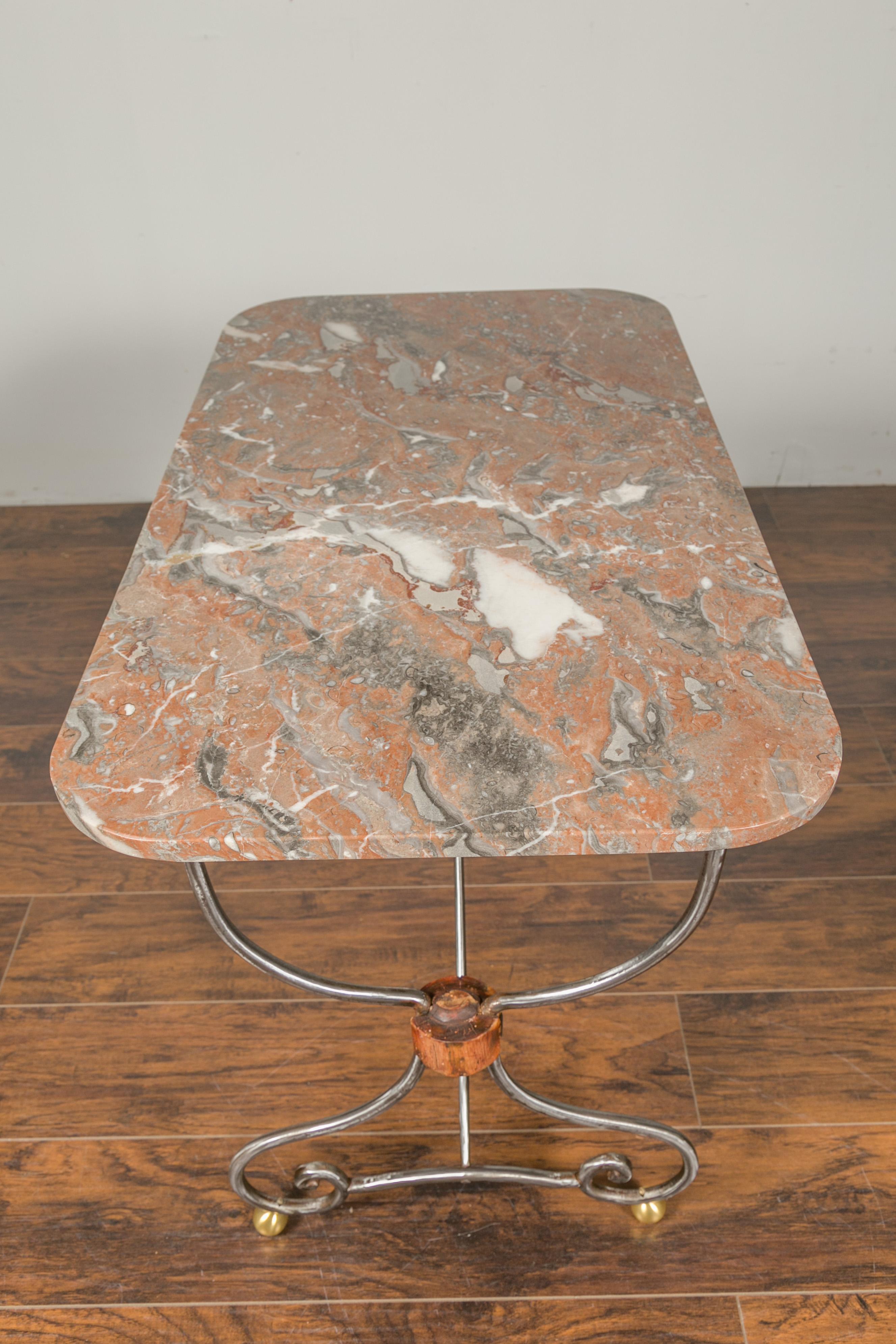 1900s French Steel Console Table with Marble Top and Petite Brass Ball Feet 7