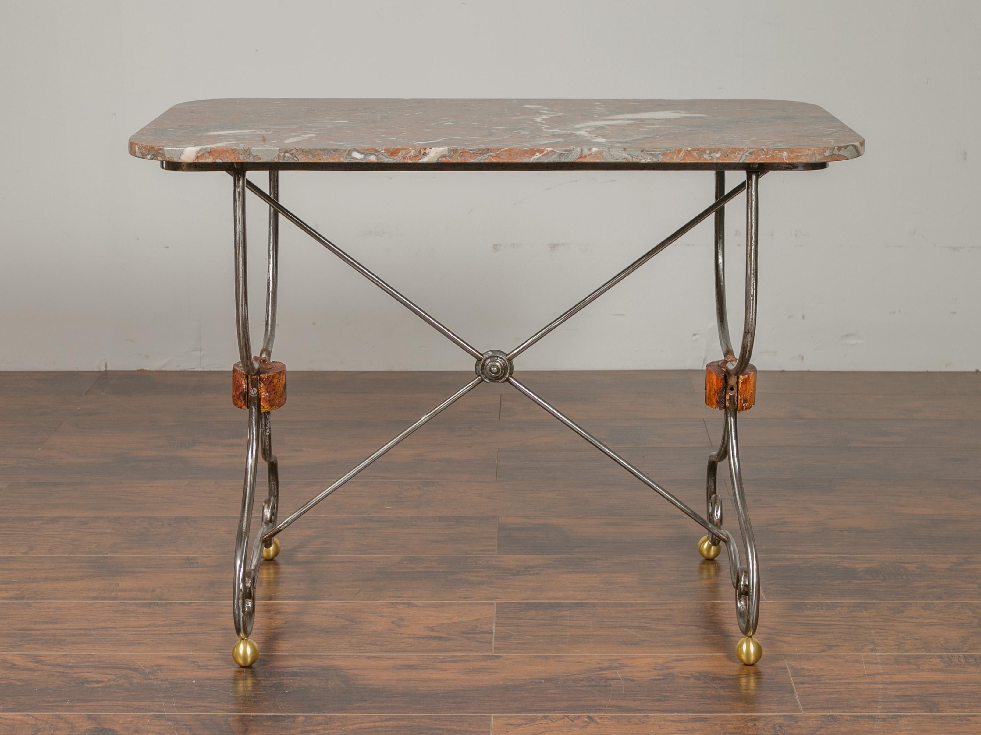 1900s French Steel Console Table with Marble Top and Petite Brass Ball Feet In Good Condition In Atlanta, GA