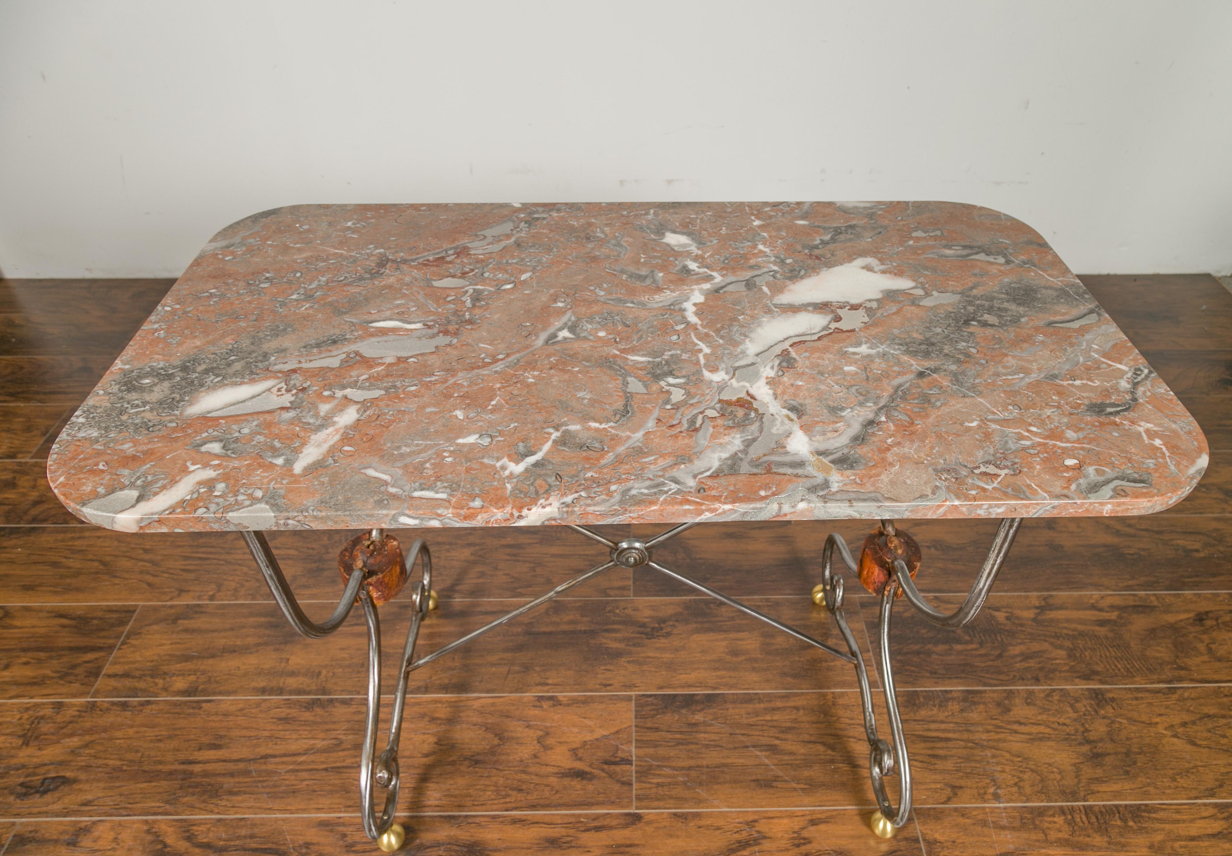 20th Century 1900s French Steel Console Table with Marble Top and Petite Brass Ball Feet