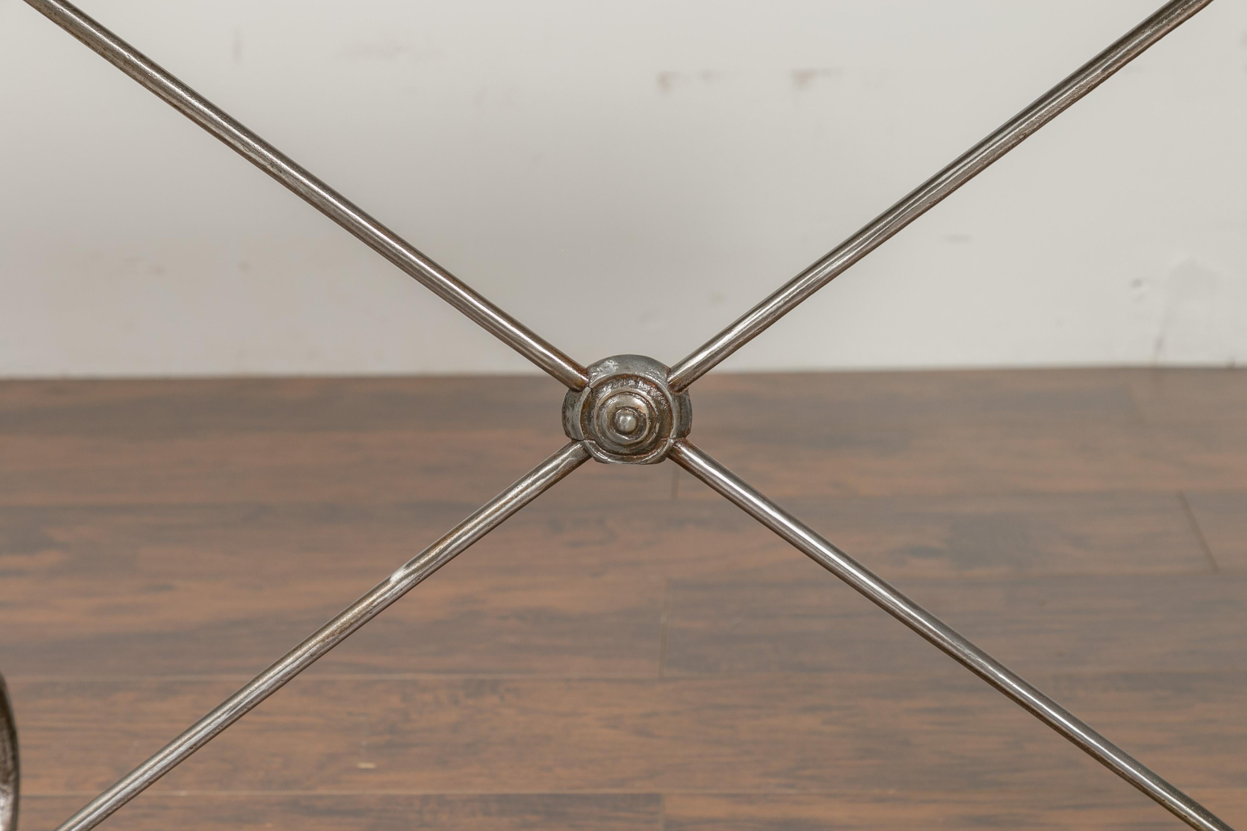 1900s French Steel Console Table with Marble Top and Petite Brass Ball Feet 1