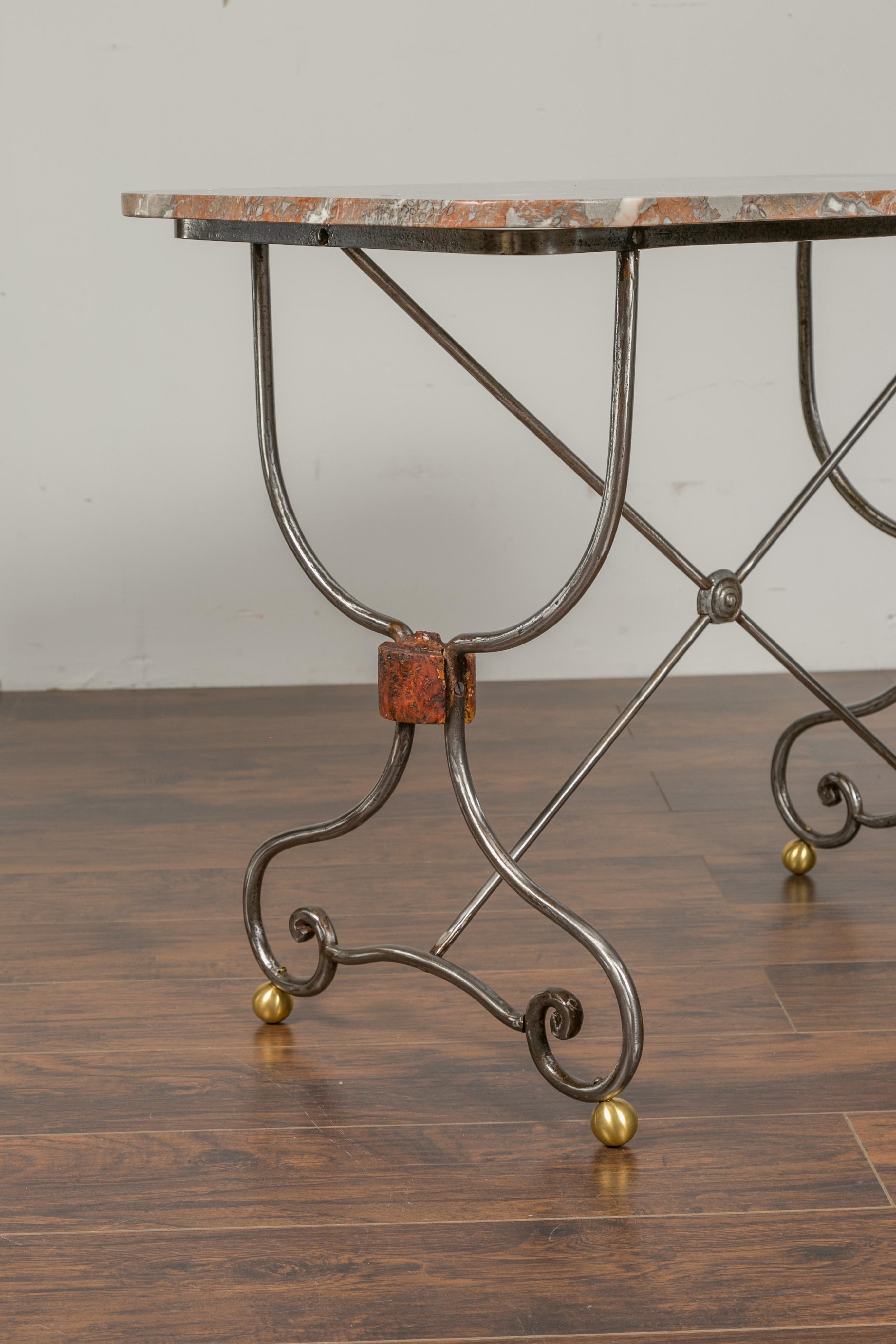 1900s French Steel Console Table with Marble Top and Petite Brass Ball Feet 2