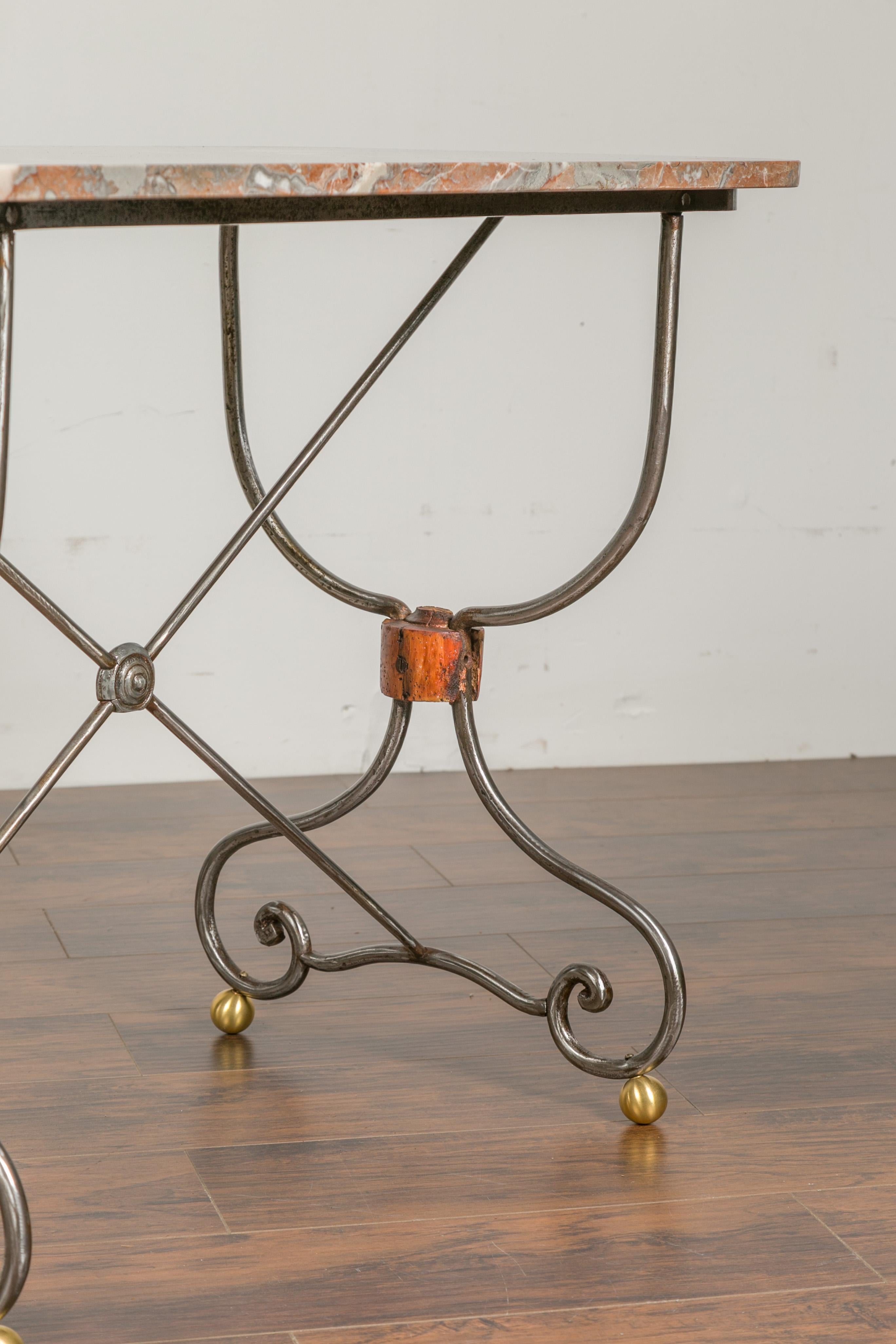 1900s French Steel Console Table with Marble Top and Petite Brass Ball Feet 3