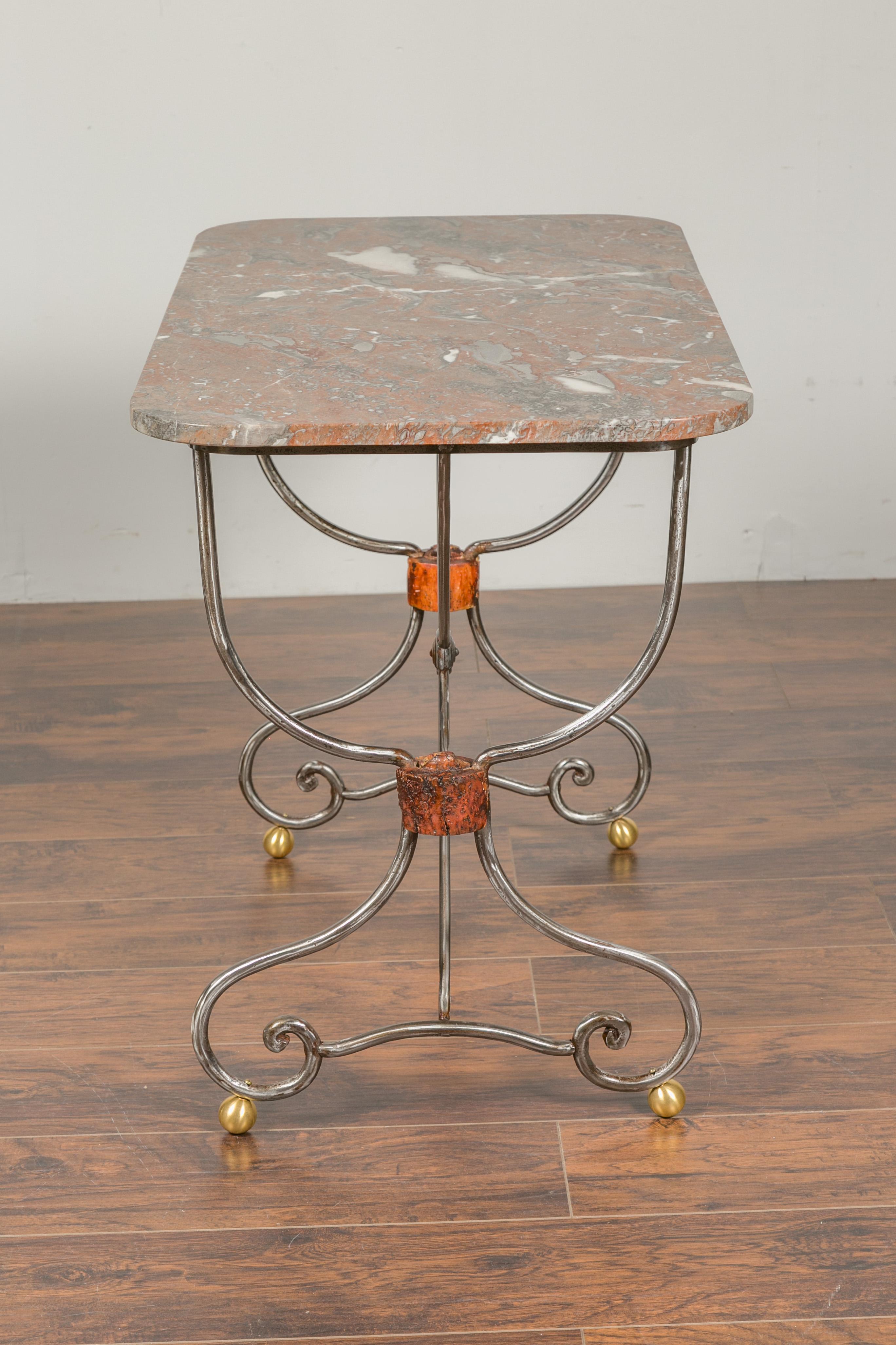 1900s French Steel Console Table with Marble Top and Petite Brass Ball Feet 4