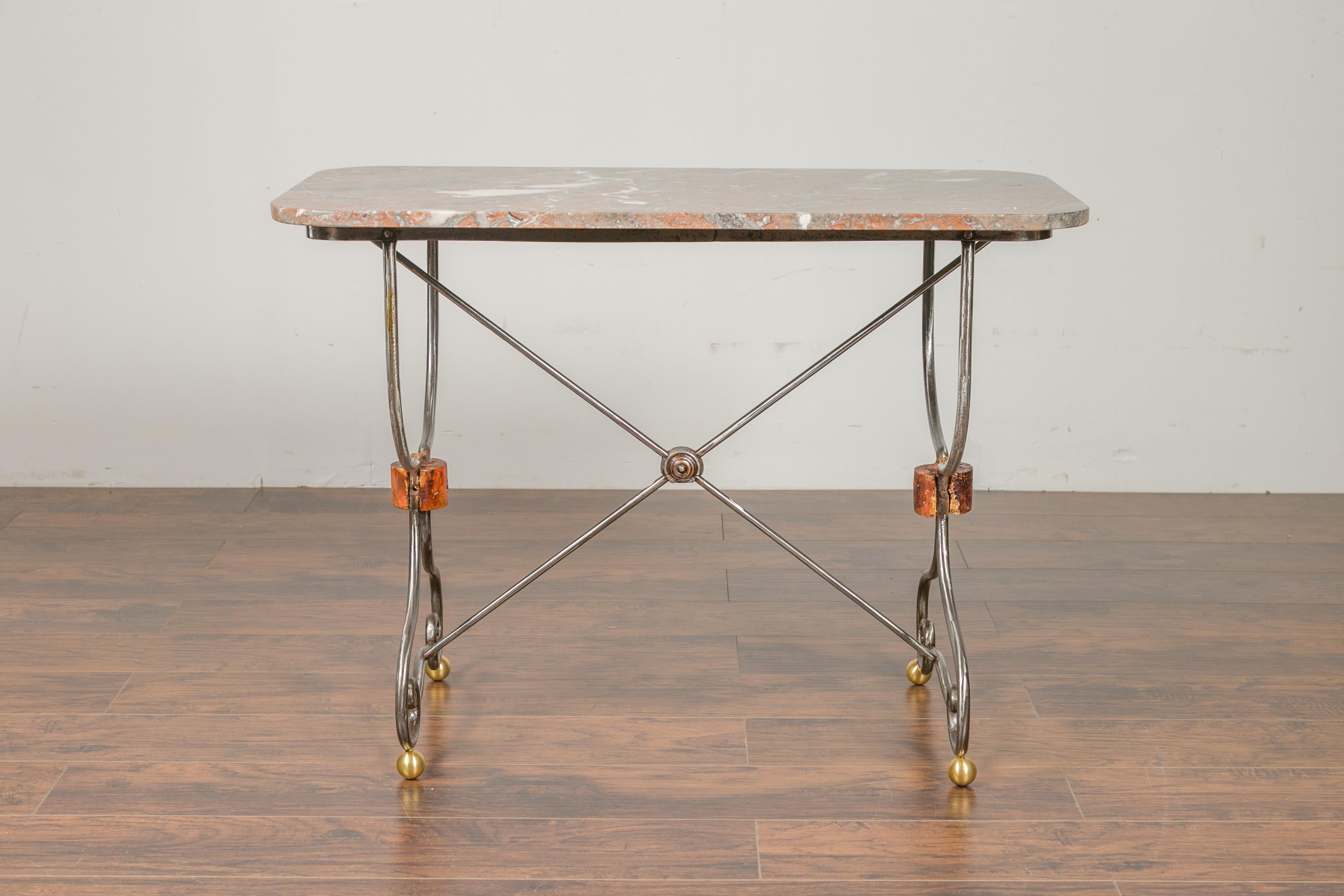 1900s French Steel Console Table with Marble Top and Petite Brass Ball Feet 5